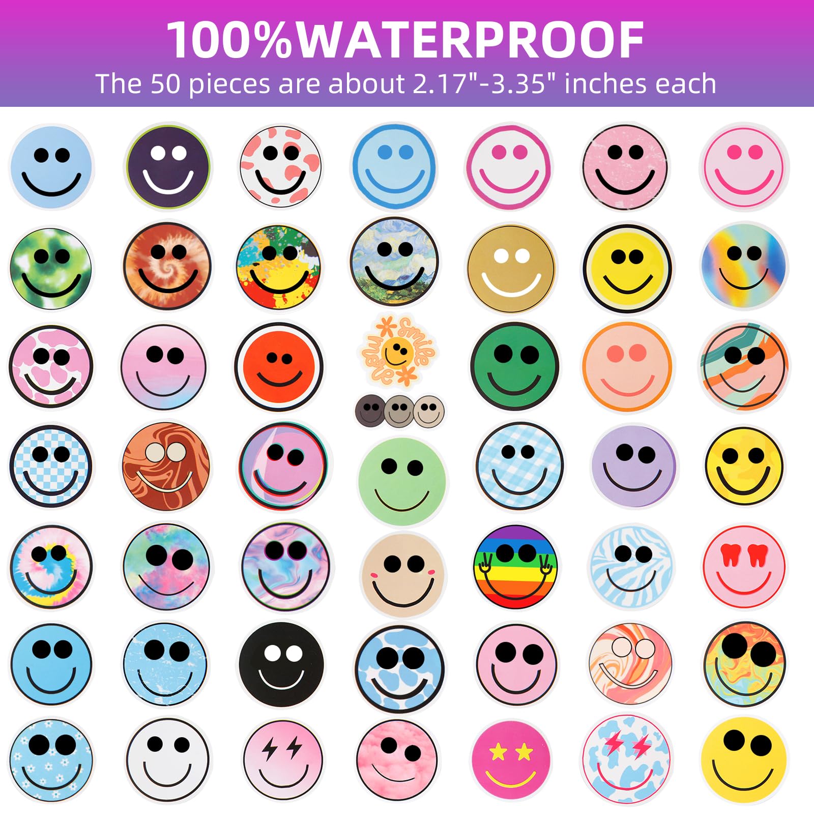 50PCS Waterproof Removable PVC Stickers for Luggage, Laptop, Skateboard, Water Bottles - Cute Graffiti Decals for Teens & Adults (Smiling Face Design) - Perfect for Travel, School & Personalizing Your Belongings