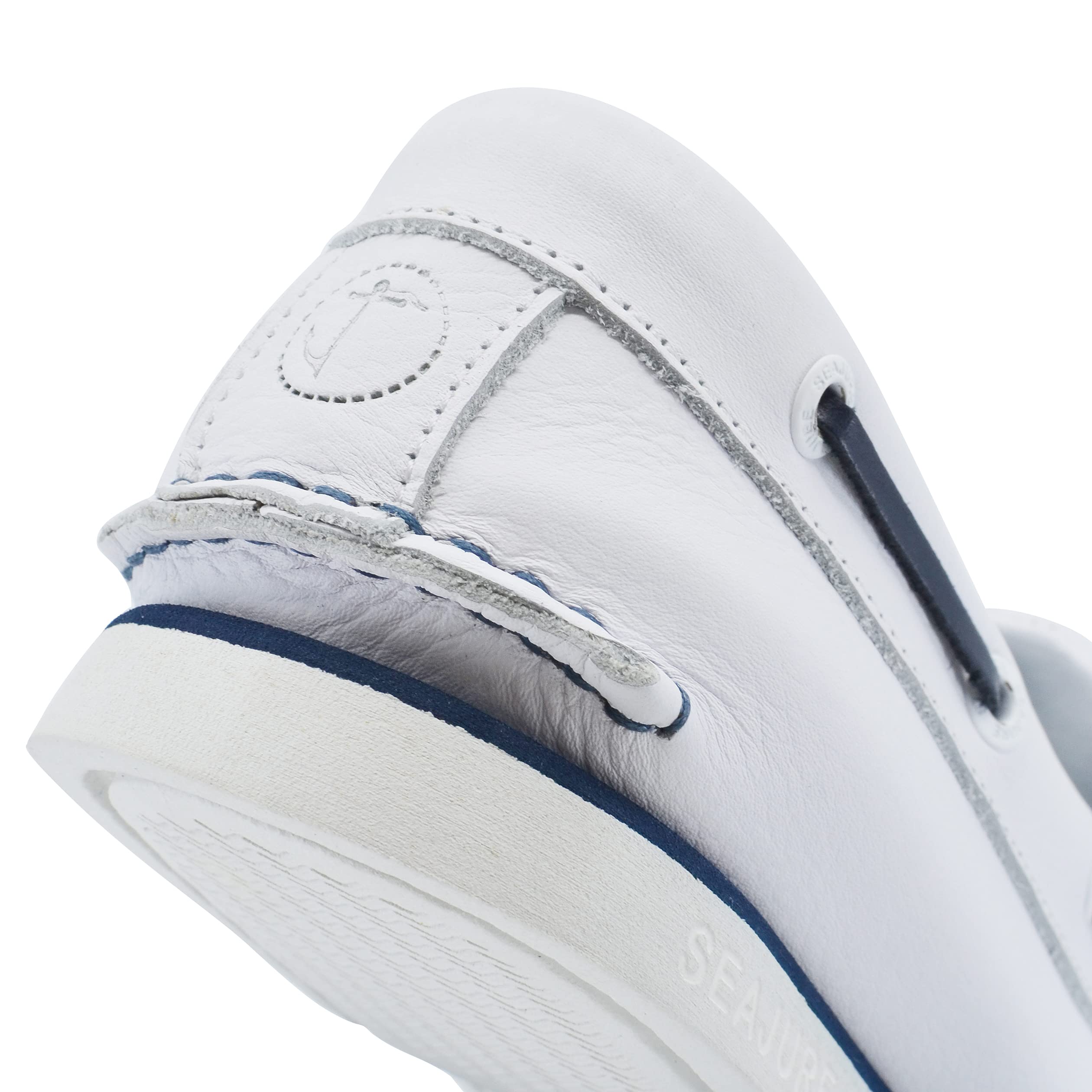 Seajure Men's Boat Shoes - White & Navy Blue Leather Deck Shoes for Casual Wear, Sailing, and Outdoor Activities