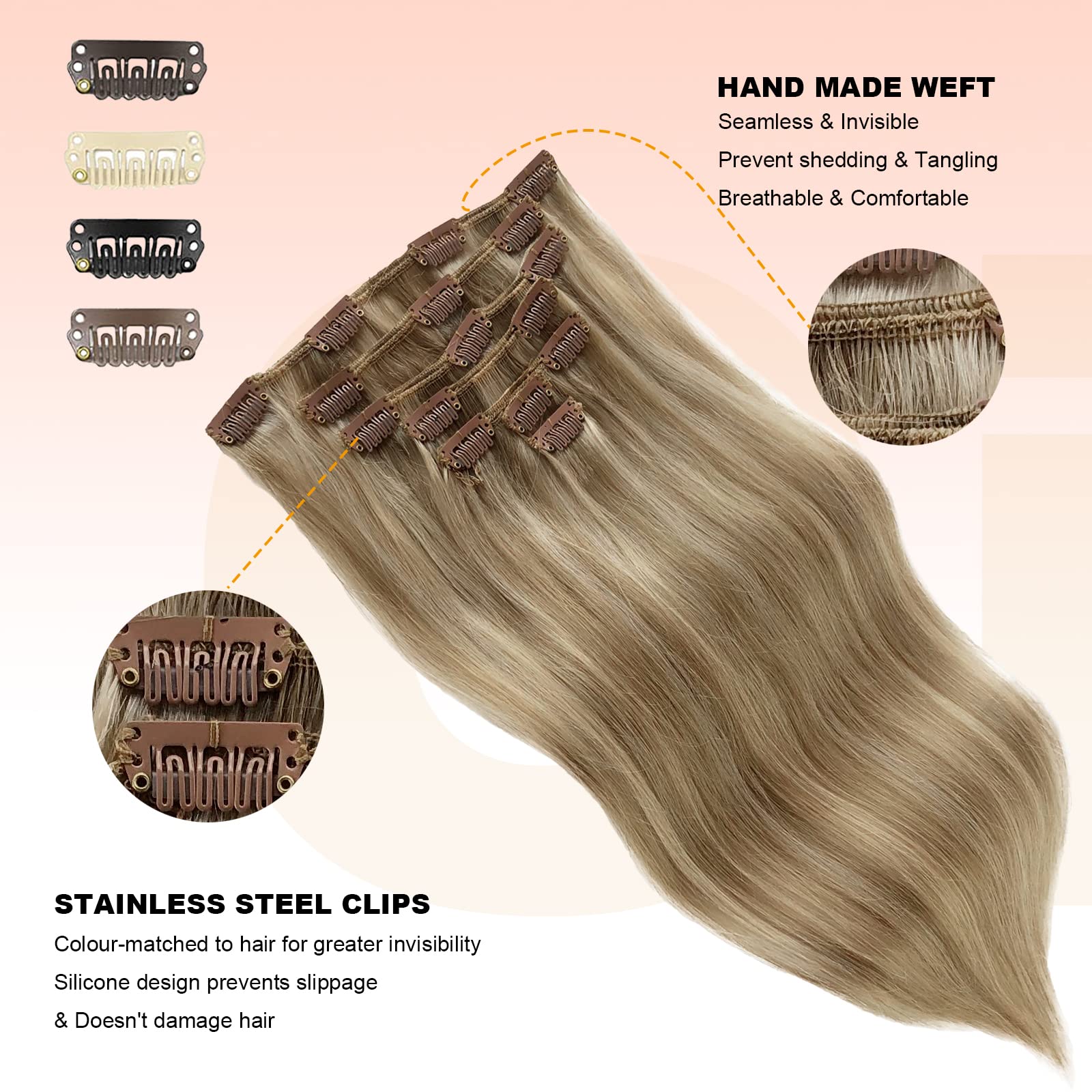 Premium Clip-in Hair Extensions - 22 Inch 7-Piece Blonde Highlighted Remy Human Hair Set (Beige & Platinum Blonde) with Invisible Clips for Natural Volume & Length - Perfect for Parties, Weddings & Daily Styling