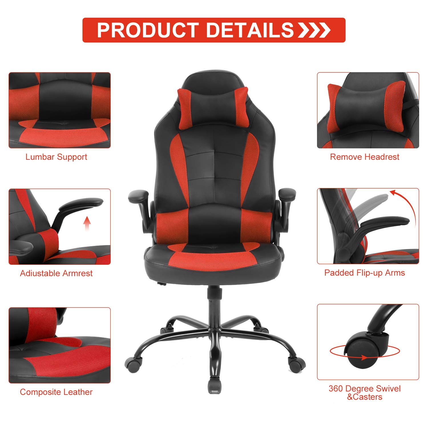 Ergonomic Gaming Chair with Lumbar Support & Head Pillow - Adjustable Leather Office Desk Chair for Home & Computer Work - Modern Executive Swivel Task Chair with Rolling Wheels (Red) - Perfect for Gaming, Remote Work & Home Office Setup