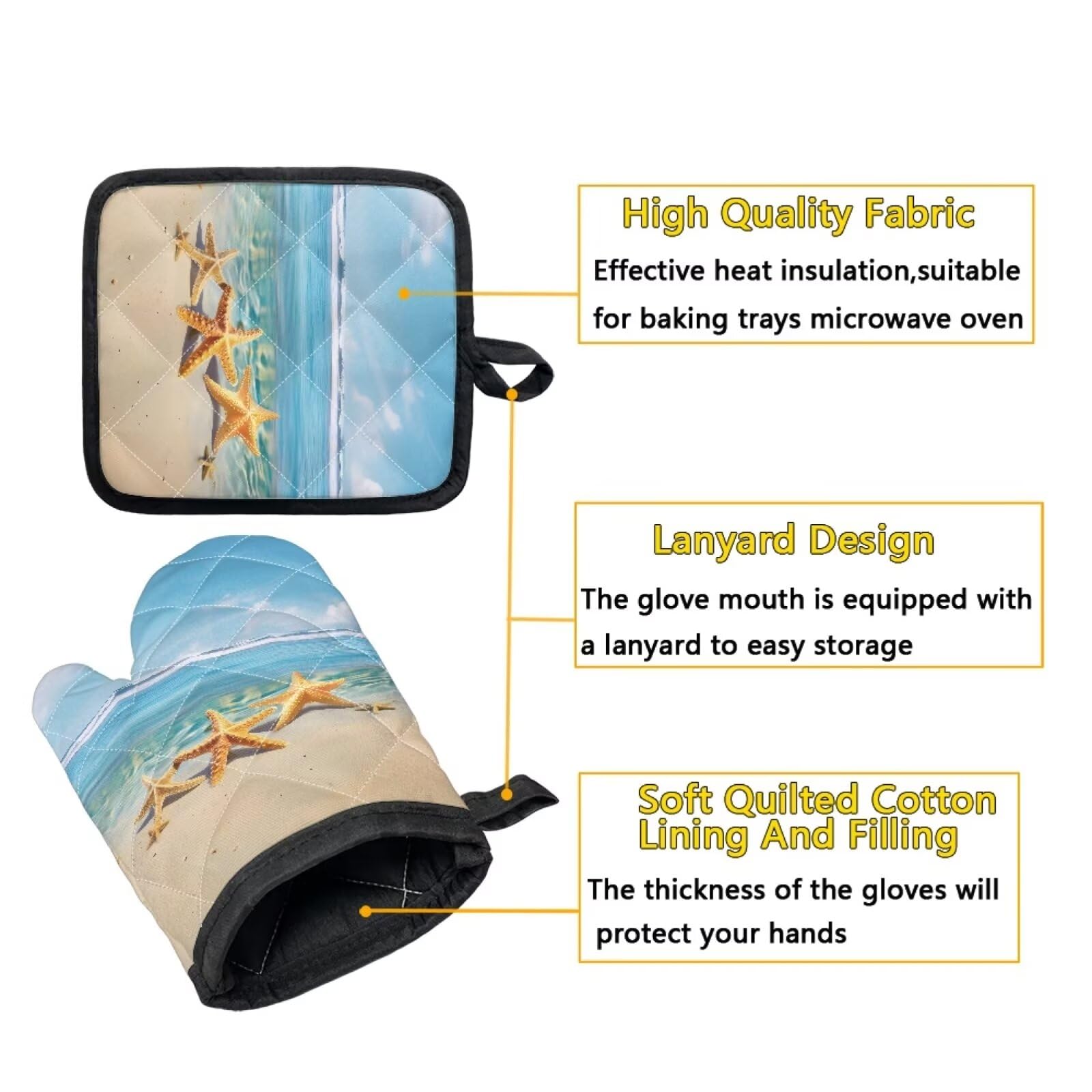 **Heat Resistant Oven Mitts and Pot Holders Set of 2 - Non-Slip Soft Baking Gloves with Beach Starfish Decor for Cooking, BBQ & Kitchen Safety - Perfect for Baking, Grilling & Hot Dish Handling**