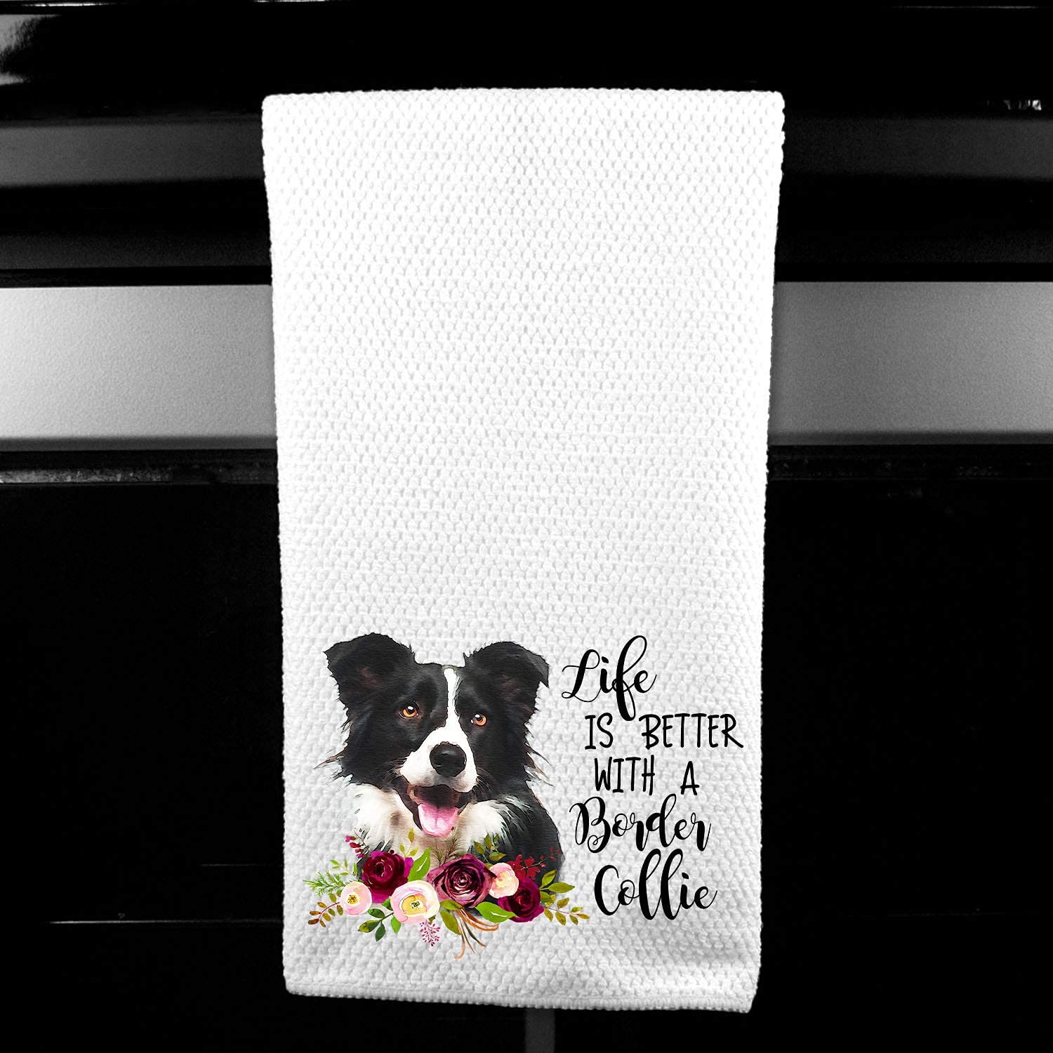 Premium Waffle Weave Microfiber Kitchen Towel with Border Collie Design - Absorbent & Quick-Drying Dish Towel for Dog Lovers - Perfect for Kitchen, Bathroom, and Pet Care Gifts