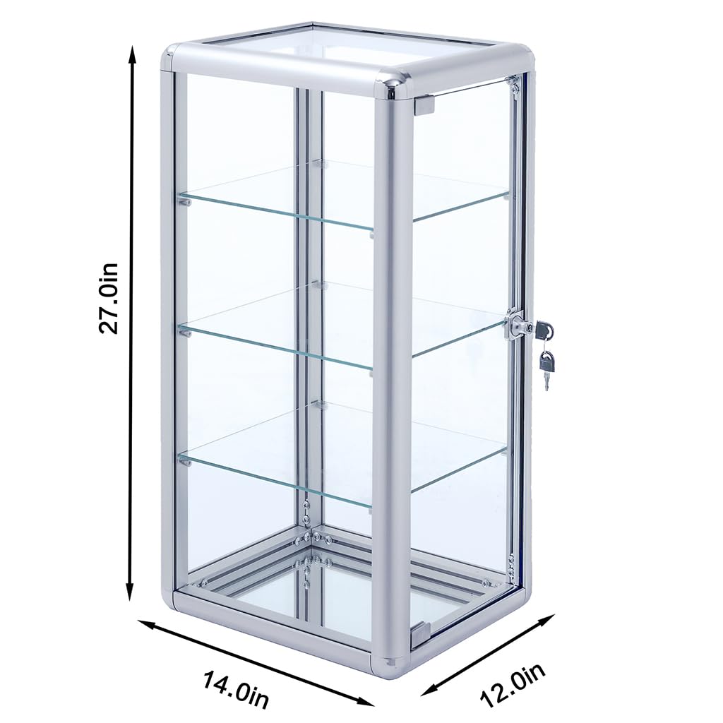 4-Shelf Glass Display Cabinet - Elegant Aluminum Table Top Tempered Glass Showcase with Sliding Door & Lock | Perfect for Bedroom, Living Room Decor | Display Jewelry, Collectibles & Home Decor Items