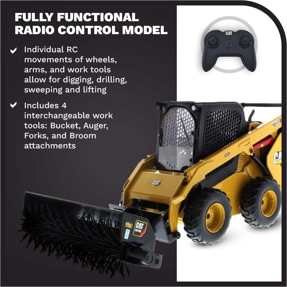 Diecast Masters 1:16 Scale Radio Control Cat 272D3 Skid Steer Loader with 4 Interchangeable Attachments (Bucket, Auger, Forks, Broom) - Premium RC Construction Toy for Collectors & Kids | Ideal for Construction Play, Display, and Remote Control Fun
