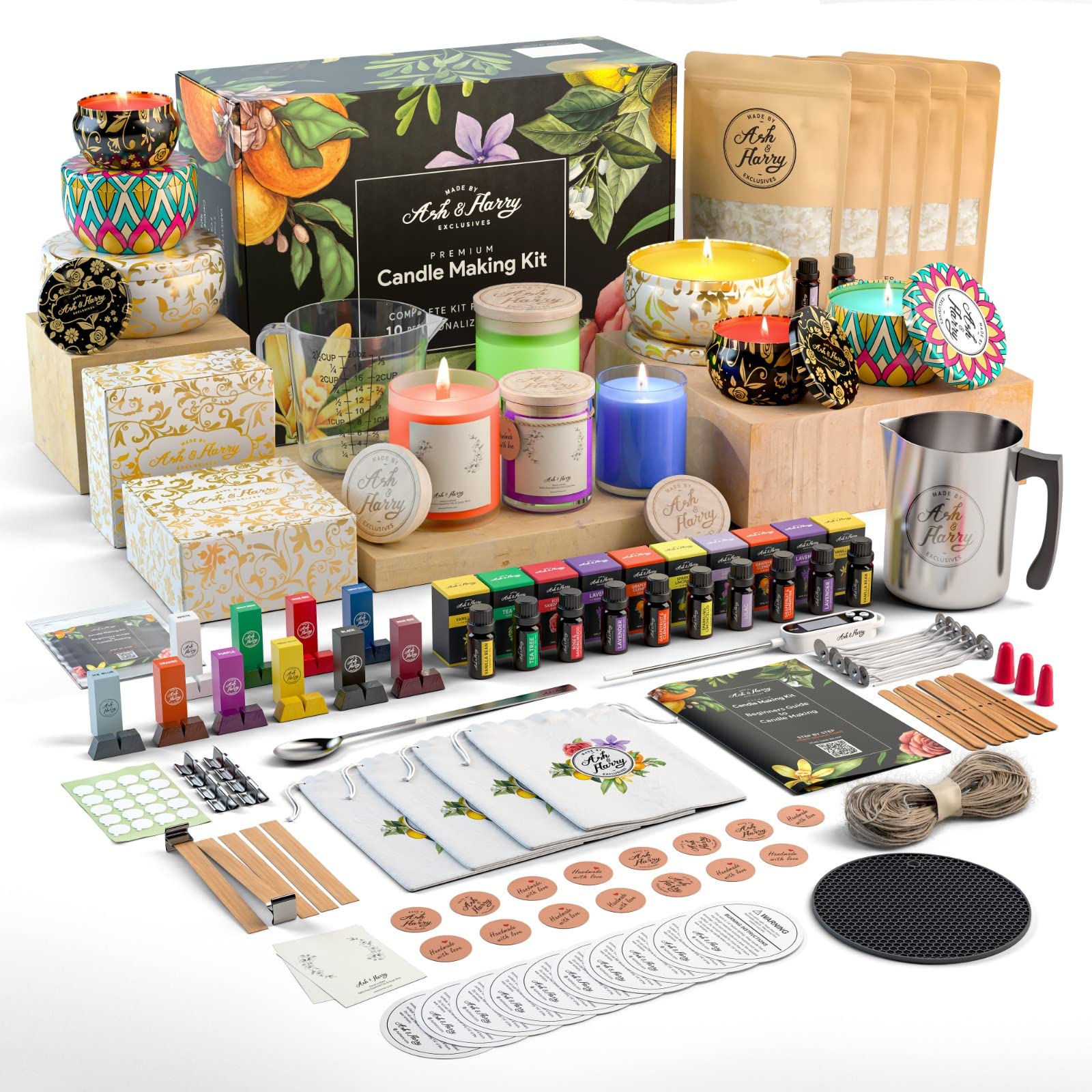 ASH & HARRY Premium Soy Candle Making Kit for Adults - DIY Starter Kit with 10 Tins & Jars, Complete Candle Making Supplies for Home Decor, Holiday Gifts (Makes 10 Candles) - Perfect for Relaxation, Spa Nights & Romantic Home Ambiance
