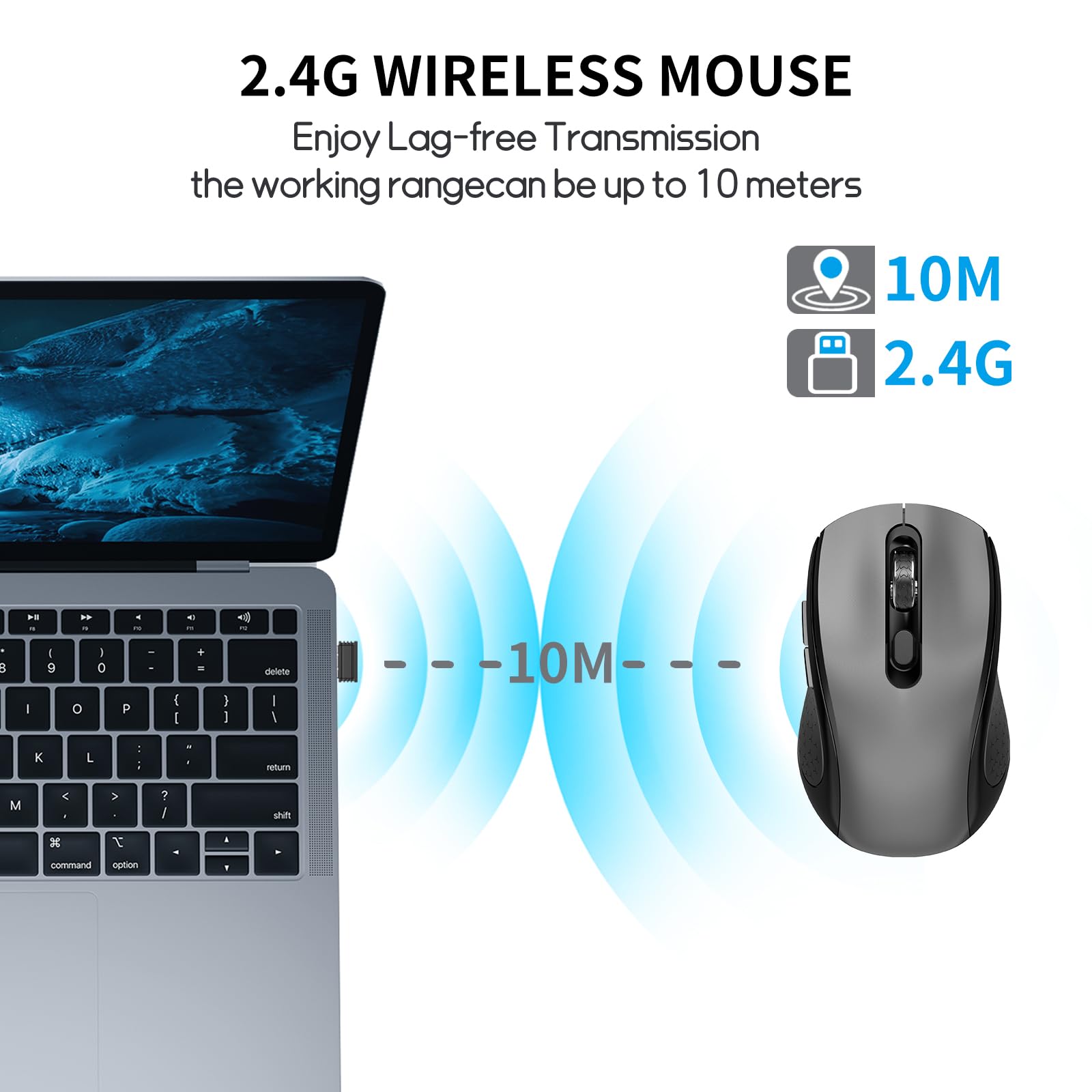 Wireless Mouse with Side Buttons, 2400 DPI Adjustable, Ergonomic Anti-Slip Scroll Wheel, USB Nano Receiver, 6-Button Computer Mouse for Laptop, PC, Chromebook, MacBook (Gray) - Perfect for Office Work, Gaming & Home Use