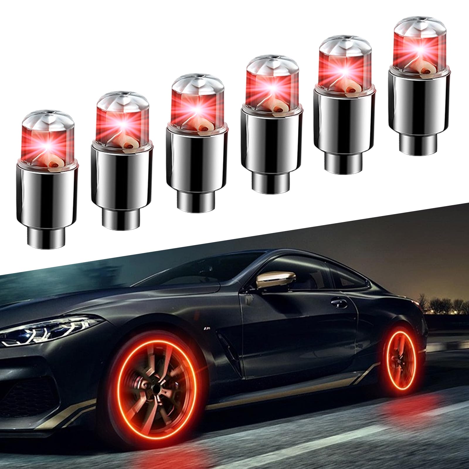 6 PCS Car Tire Wheel Lights - Vibration Induction LED Valve Caps, Waterproof & Energy-Saving Decorative Lights for Cars, Motorcycles, Bicycles (Red) | Enhance Night Visibility & Style for Road Safety & Custom Look