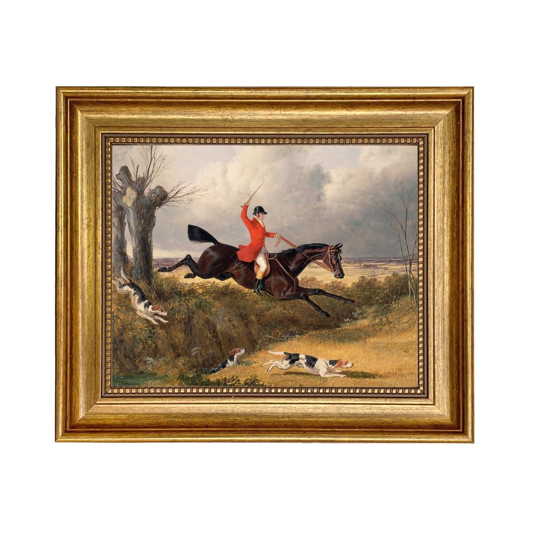 Schooner Bay Co. - John Frederic Herring 'Clearing a Ditch' 8x10 Inch Equestrian Oil Painting Print on Canvas with Gold Frame - Fox Hunting Wall Art Decor for Living Room, Study, or Office - Ready to Hang
