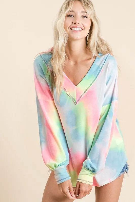 Bibi Tie Dye French Terry V-Neck Top with Puff Sleeves in Pink Multi | Women's Casual Boho Blouse | Perfect for Summer Outfits, Beach Wear & Music Festivals