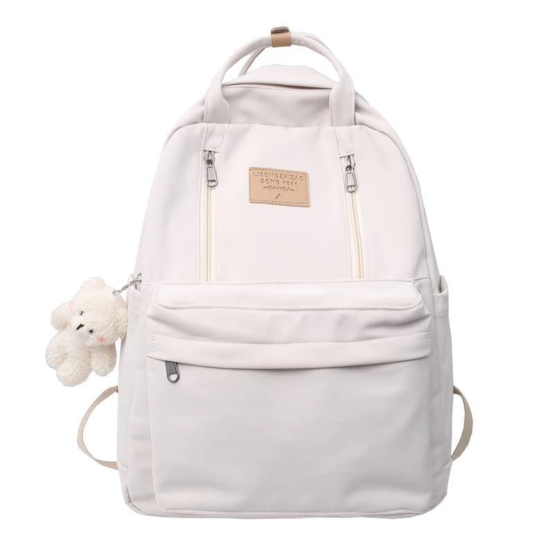 Cute Kawaii Laptop Backpack for Women & Girls - Aesthetic College School Bookbag with Bear Accessories, Lightweight Durable Shoulder Bag for Work, Travel & Daily Use (White)
