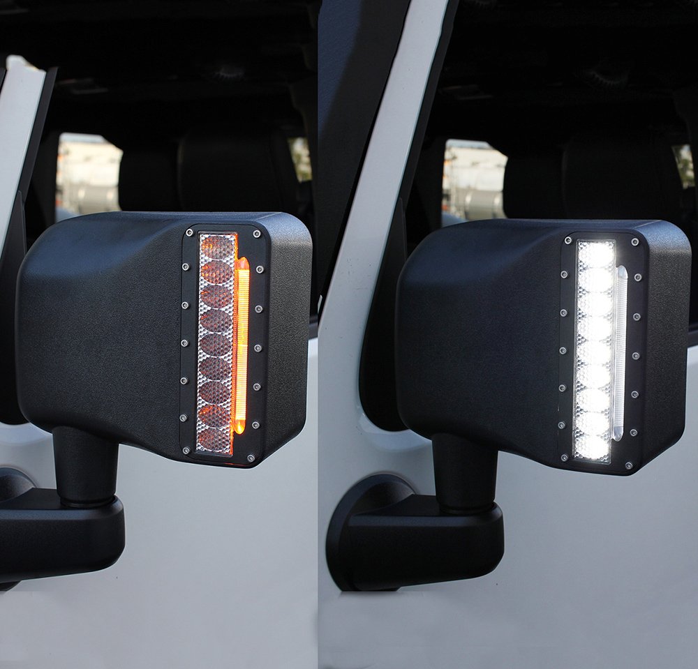 Xprite Smoke Lens LED Side Mirror with White Spot Lights & Amber Turn Signal for 2007-2018 Jeep Wrangler JK JKU - Off-Road Upgrade for Enhanced Visibility & Safety