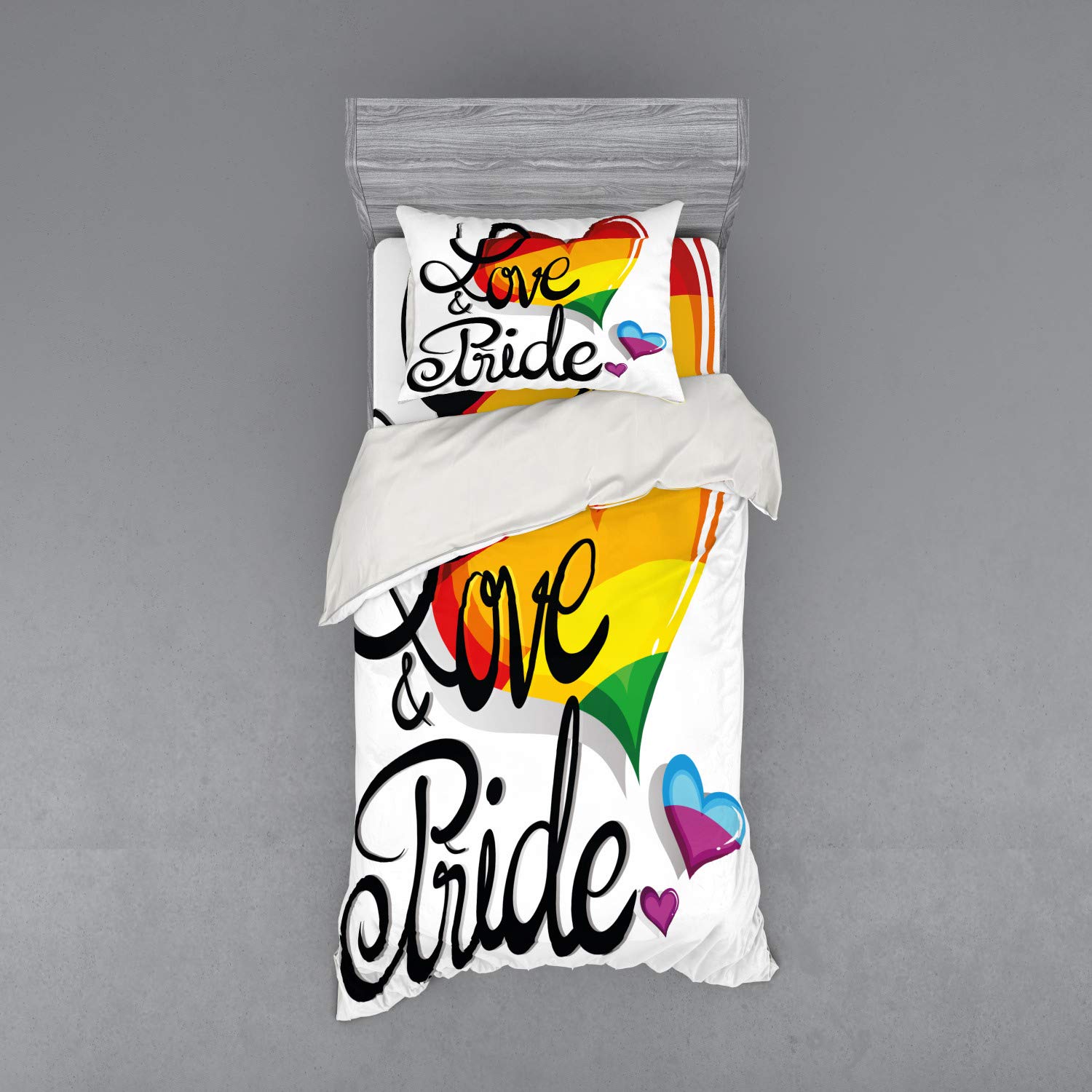 Ambesonne Pride Bedding Set - Vibrant Big & Little Hearts LGBTQ+ Romantic Love Design - 3 Piece Duvet Cover Set with Sham & Fitted Sheet - Twin XL Size - Multicolor - Perfect for Pride Month, LGBTQ+ Celebrations & Romantic Bedroom Decor