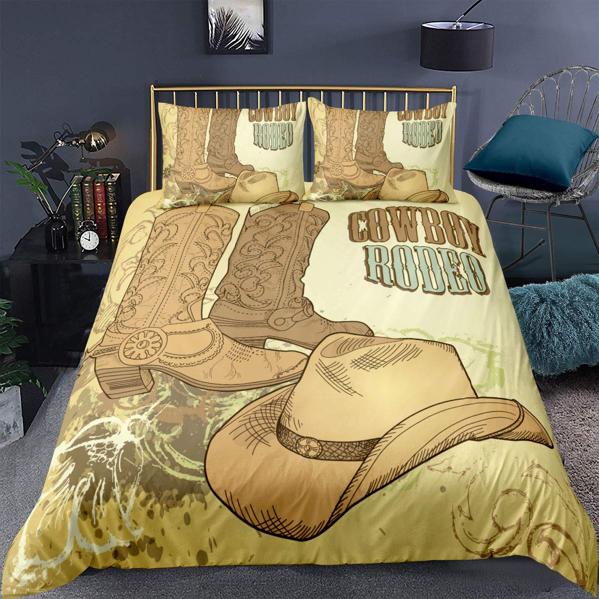Feelyou Western Cowboy Comforter Cover Set Twin - Traditional Rodeo Print Bedding with Retro Cowboy Hat & Boots Design, Country Landscape Quilt Cover 2pc (1 Duvet Cover +1 Pillow Sham) - Perfect for Ranch, Lodge & Southwestern Style Bedroom Decor