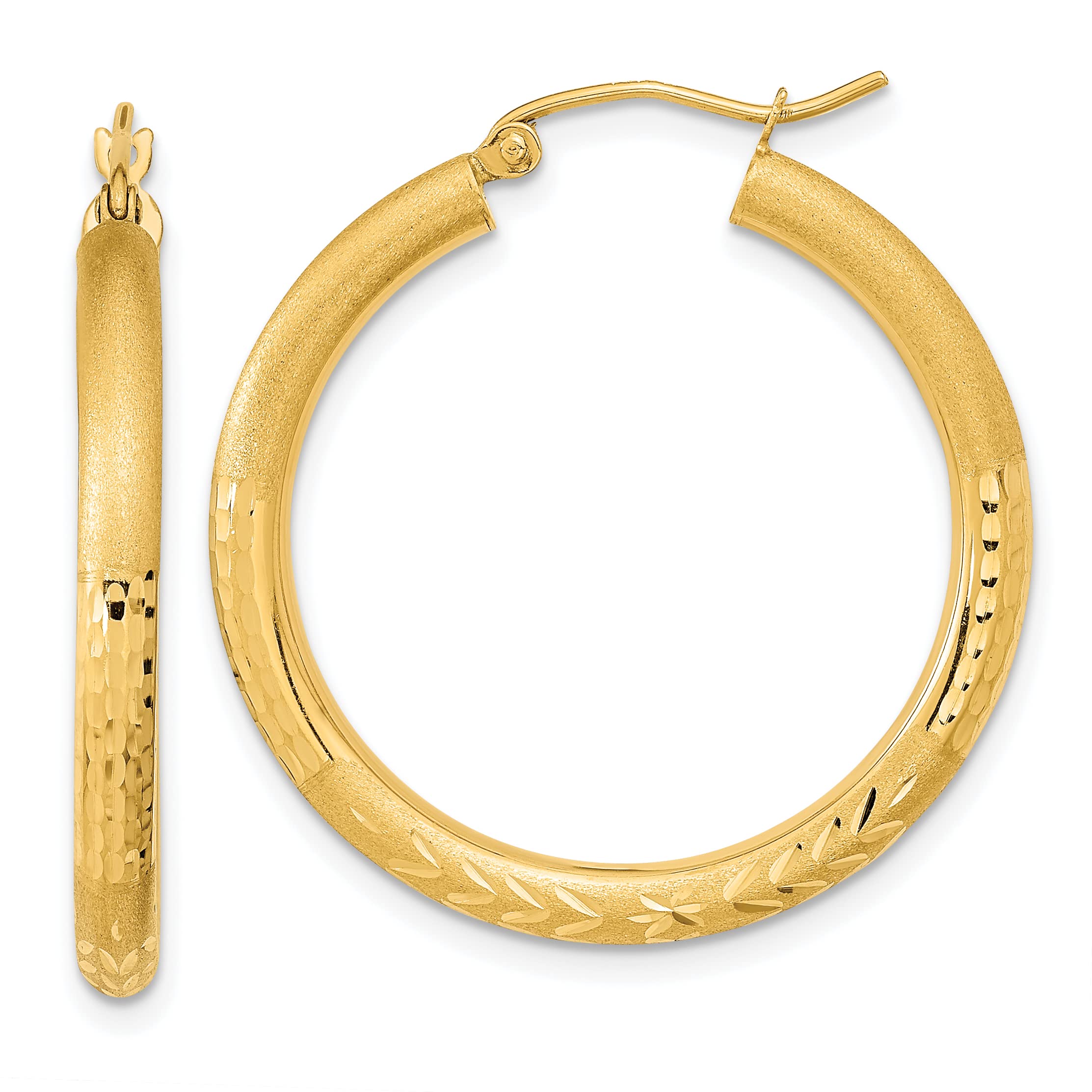 14K Yellow Gold Polished Satin & Diamond-Cut Hoop Earrings for Women | 32.28mm Elegant Hoops | Perfect for Parties, Weddings & Everyday Wear