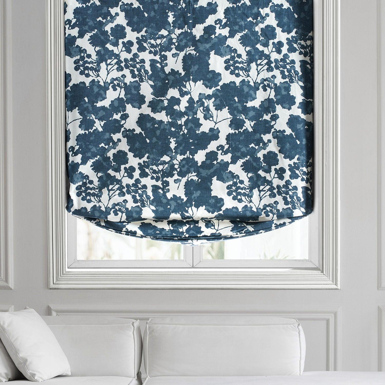 Fleur Blue Floral Printed Cotton Roman Shade - Elegant Window Treatment for Bedroom, Living Room & Nursery