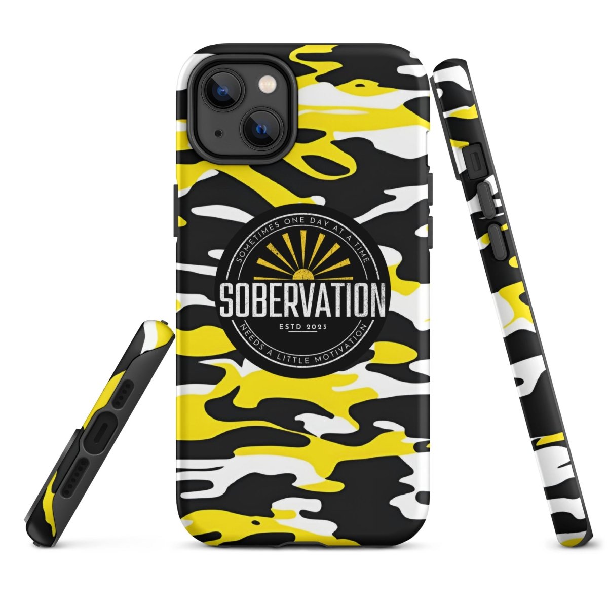 Sobervation Yellow Camo iPhone Case - Durable Shockproof Protective Cover for iPhone 14/13/12/11 Pro Max XR XS - Perfect for Outdoor Adventures, Hiking & Travel