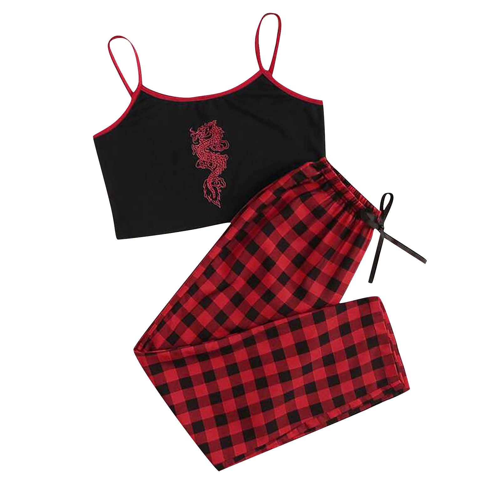 Women's 2 Piece Pajama Set - Sleeveless Crop Cami Top & Plaid Long Pants Lounge Sleepwear | Soft & Comfortable for Nightwear, Homewear, and Relaxation | Perfect for Sleep, Lounging, and Vacation