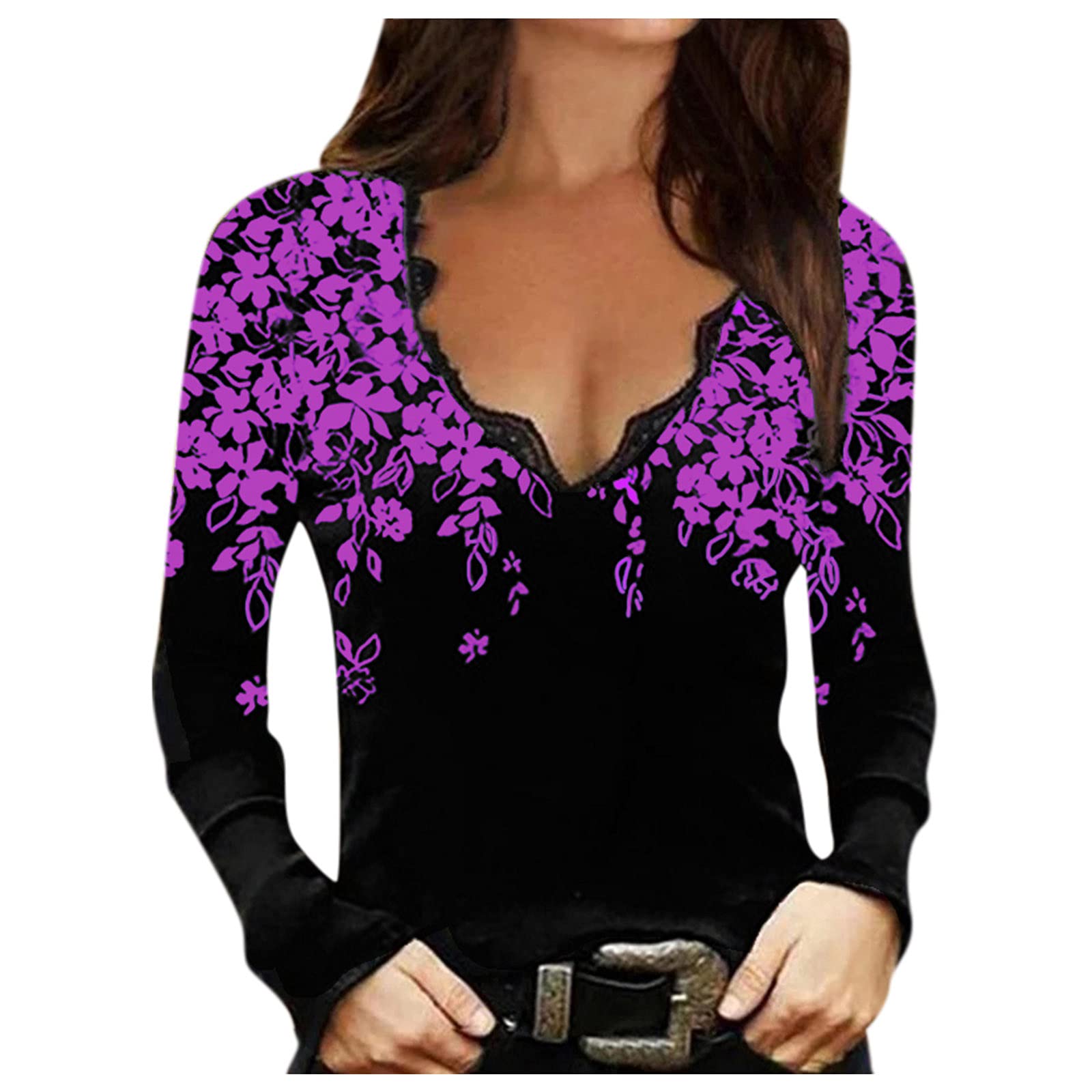 Elegant Women's V-Neck Lace Floral Printed Lounge Shirt - Soft & Sexy Blouse for Casual Wear, Date Night & Softball Outfits