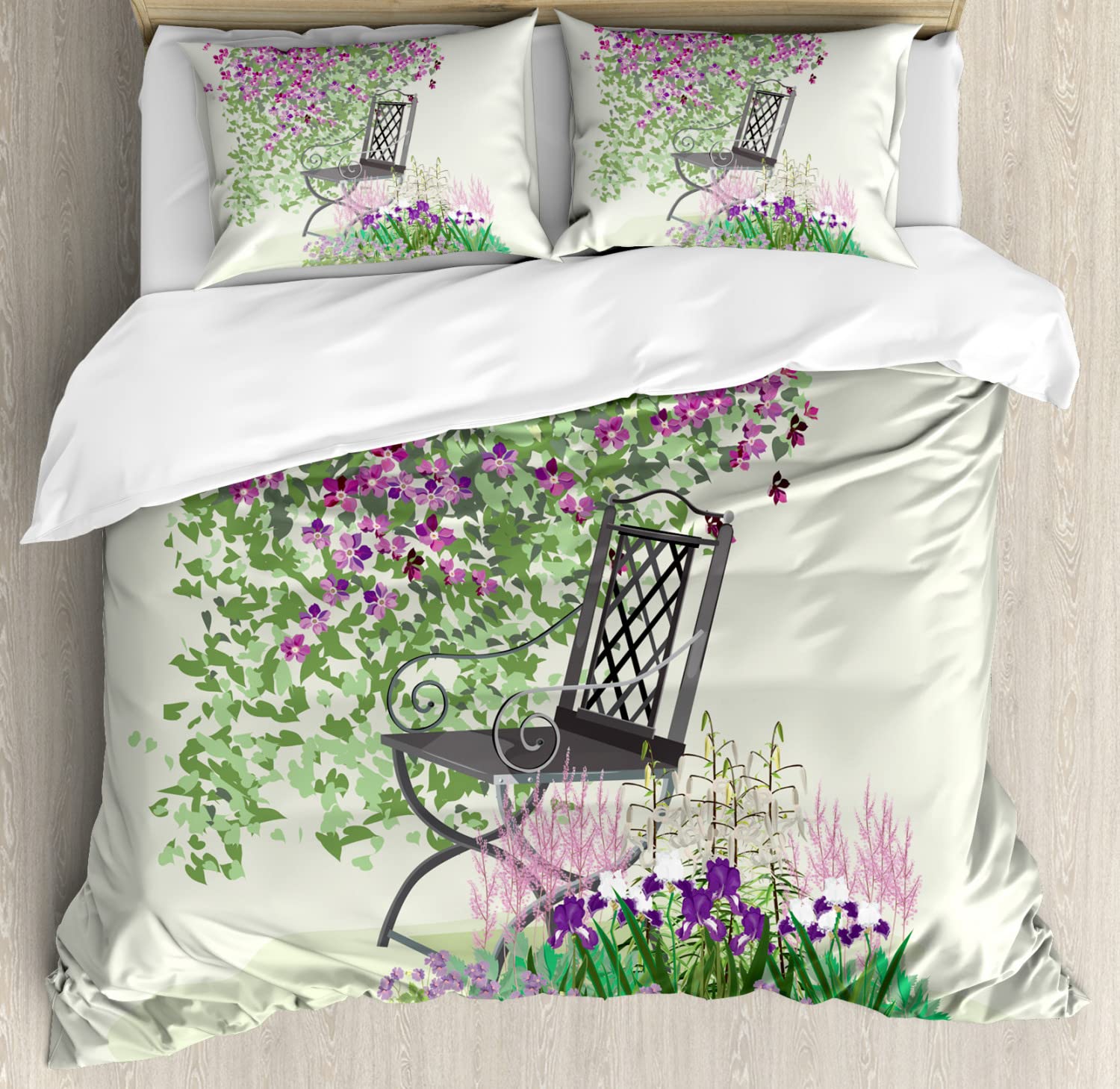 Ambesonne Floral Garden Duvet Cover Set - 2 Pack Twin Size Purple & Green Blooming Summer Day Design - Includes 2 Duvet Covers & 2 Pillowcases - Perfect for Bedroom Decor, Guest Room, Vacation Home, and Summer Themed Bedding