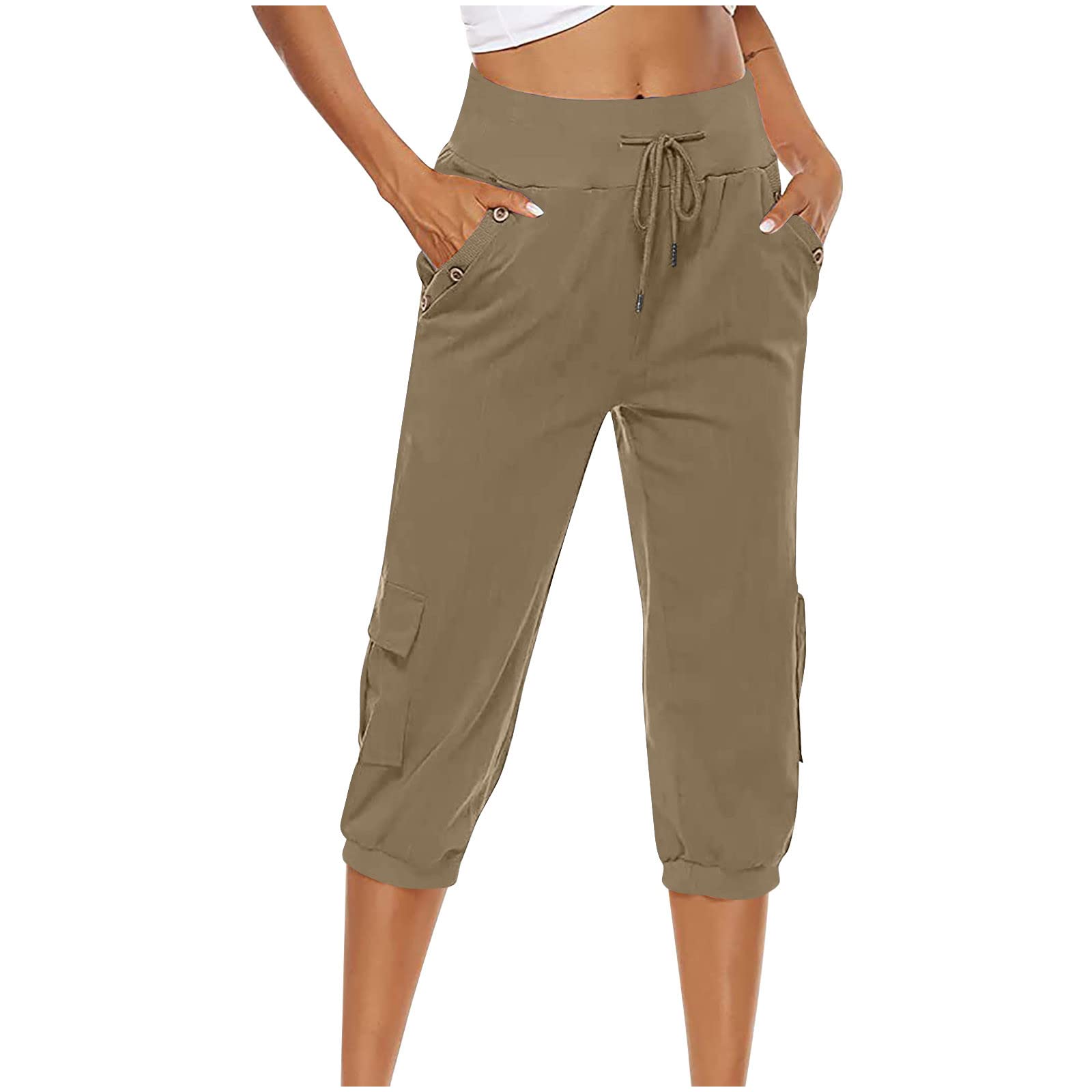 ZunFeo Women's Summer Capri Pants - High Waisted Cotton Linen Lounge Pants with Pockets | Stretchy, Loose Fit Workout & Yoga Pants for Casual Wear, Travel & Home Relaxation
