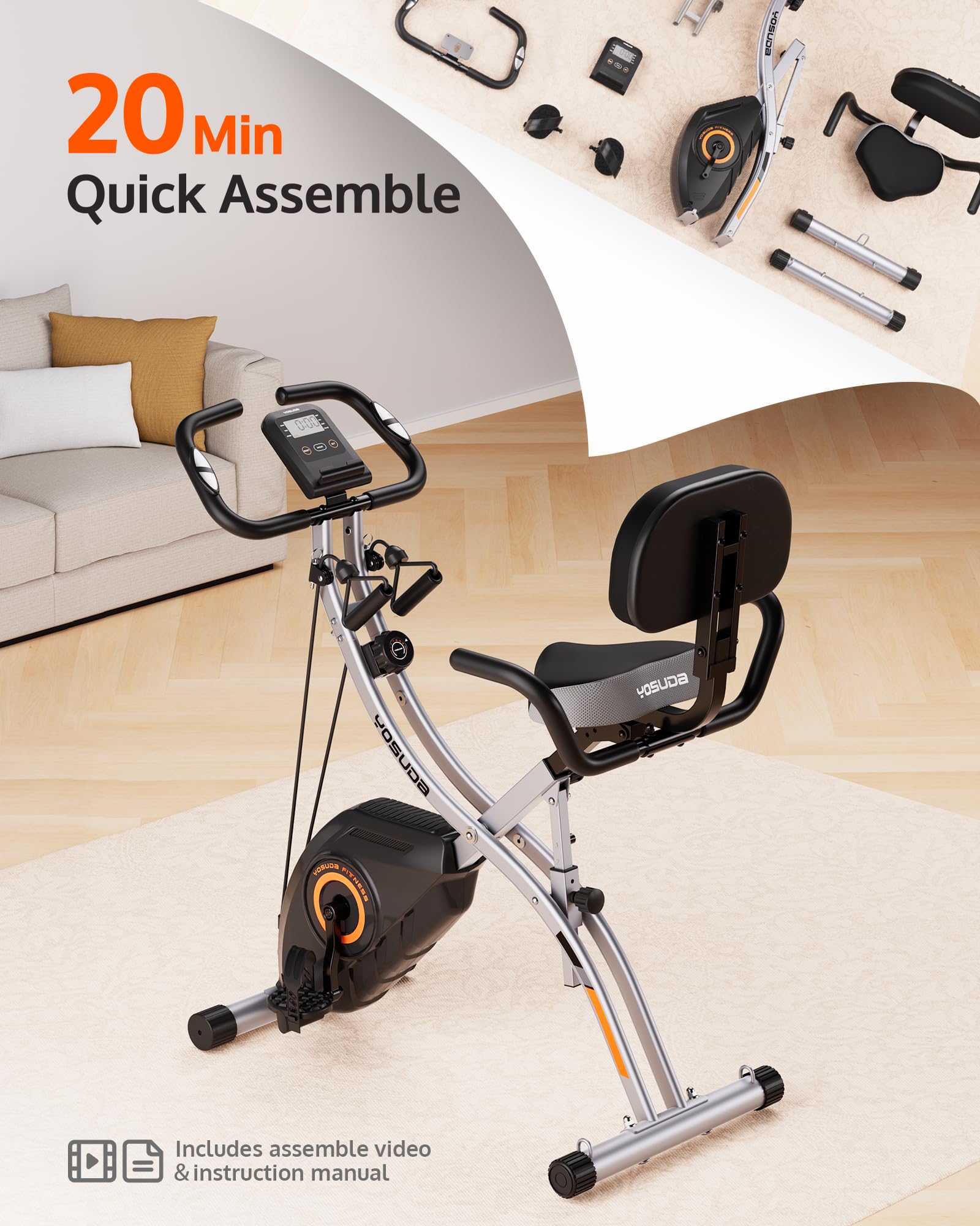 YOSUDA Foldable Exercise Bike for Home Gym - Adjustable Stationary Bicycle with LCD Monitor for Cardio & Strength Training | Perfect for Small Spaces, Apartment Workouts & Indoor Cycling