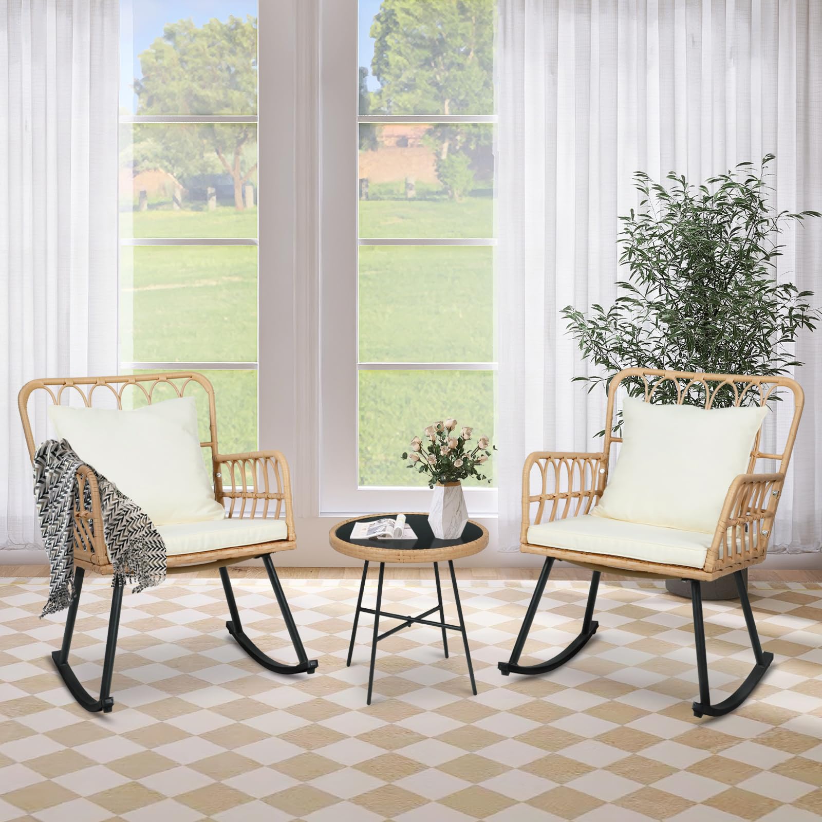 Vikiullf 2-Piece Patio Rocking Chair Set - Wide Outdoor Wicker Rattan Rockers with Thickened Cushions, 3-Piece Boho Furniture for Balcony, Garden, Porch & Living Room - Perfect for Relaxing, Reading & Entertaining Guests