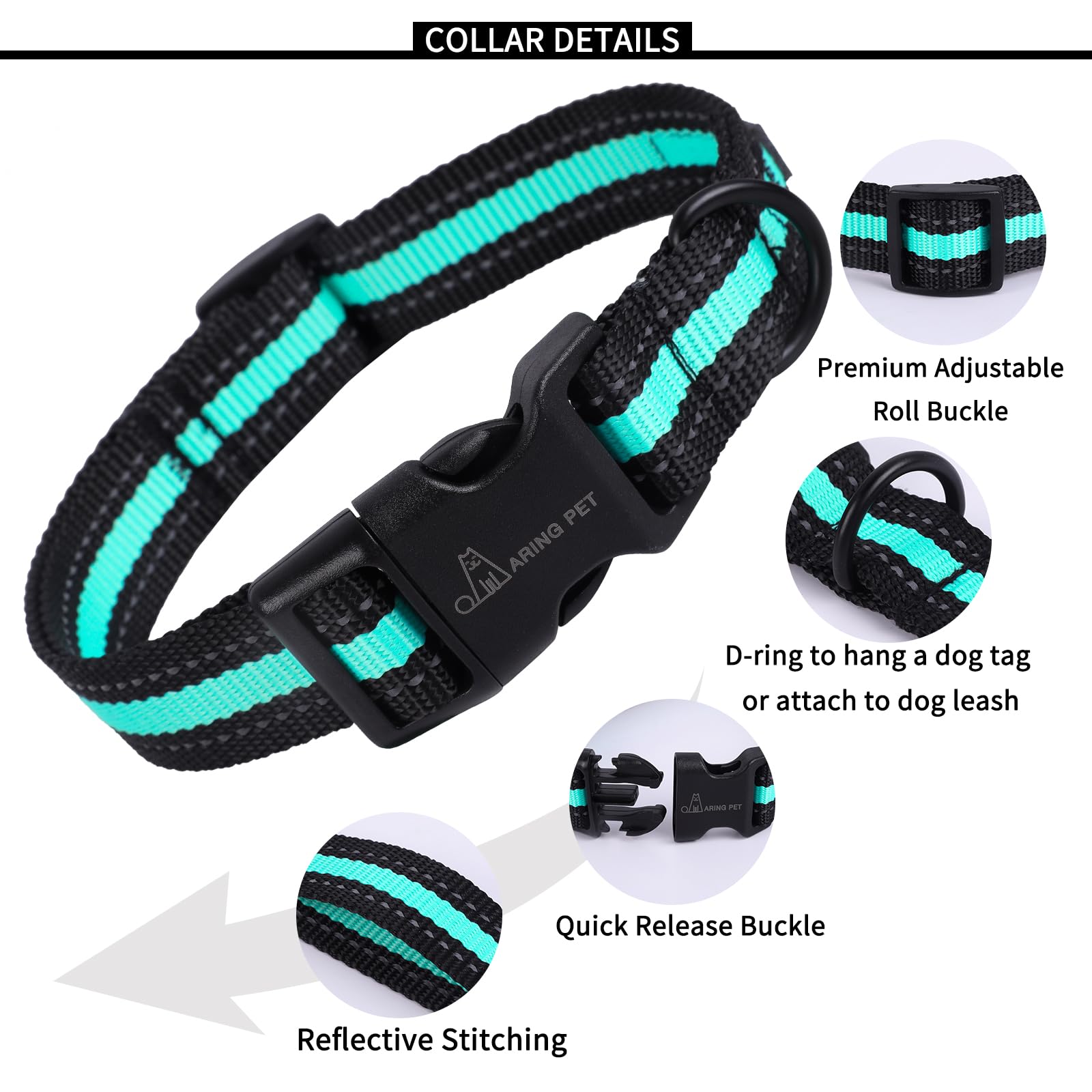 ARING PET Reflective Dog Collar - Adjustable Green Nylon Collar for Medium Dogs with Quick Release Buckle | Lightweight & Durable for Night Walks, Training & Outdoor Adventures