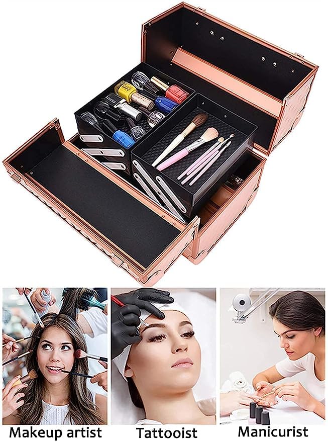 Professional Beauty Makeup Cosmetic Vanity Case - Diamond Cut Rose Gold Travel Organizer for Makeup Brushes & Cosmetics | Perfect for Home, Salon & Travel Use