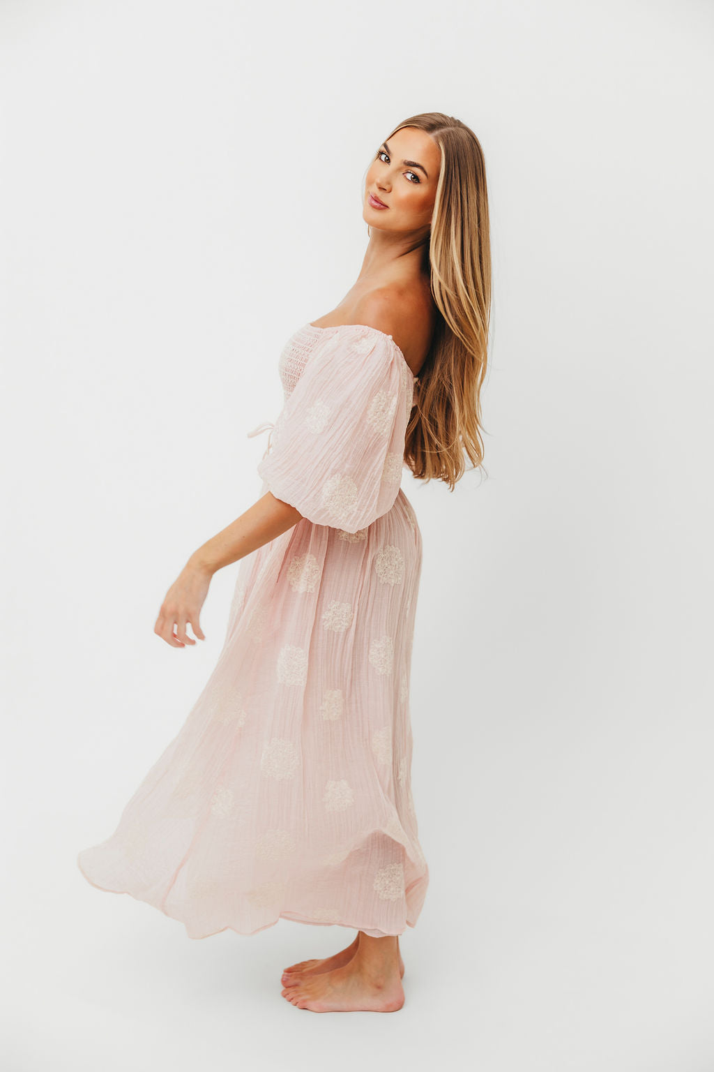 Aimee Women's Smocked Embroidered Floral Midi Dress in Blush Pink - Perfect for Summer Weddings, Garden Parties & Date Nights