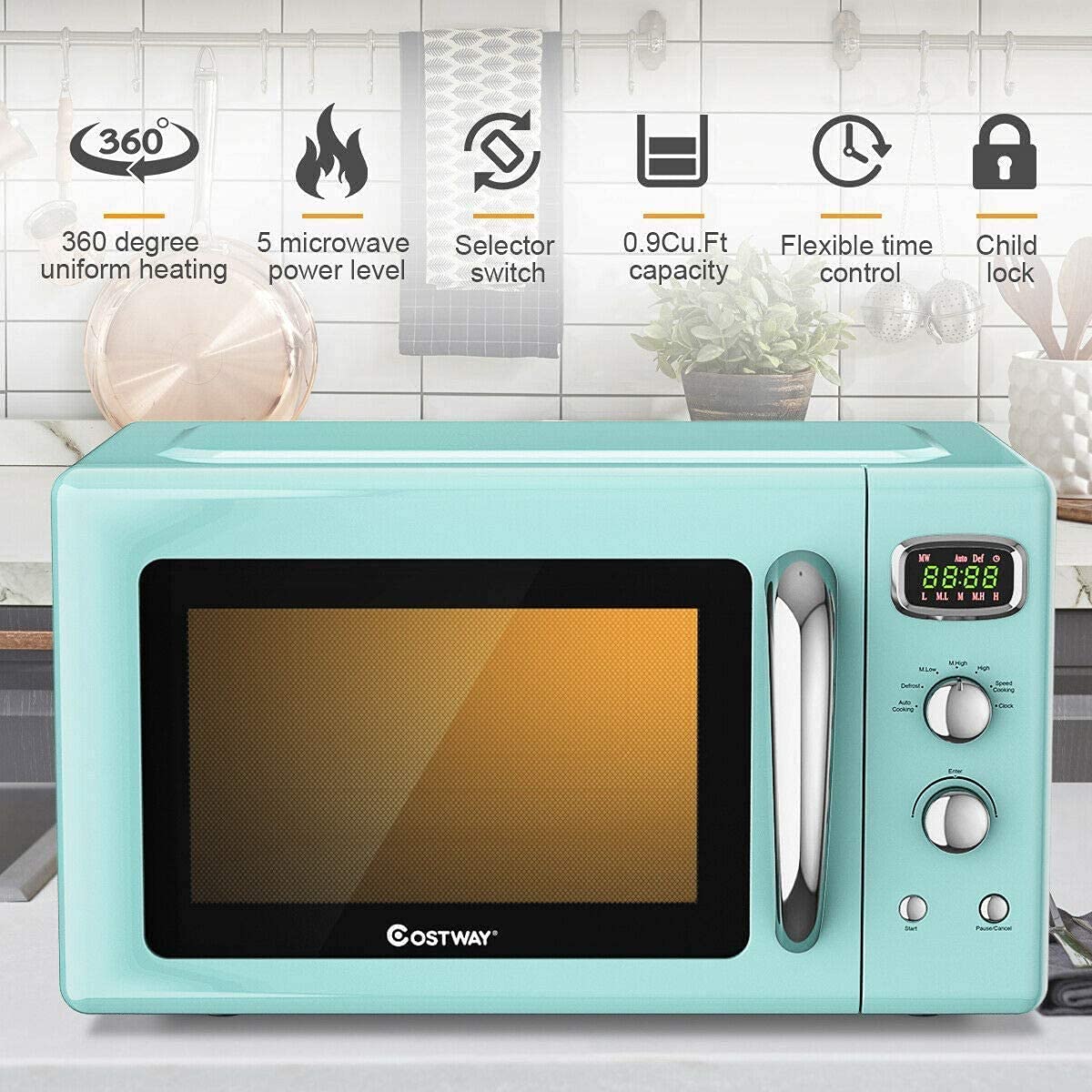 Retro Mint Green Countertop Microwave Oven - 0.9 Cu.ft, 900W with Child Safety Lock, Defrost & Auto Cook Functions, LED Display & Glass Turntable - Perfect for Small Kitchens, Dorms & Office Break Rooms