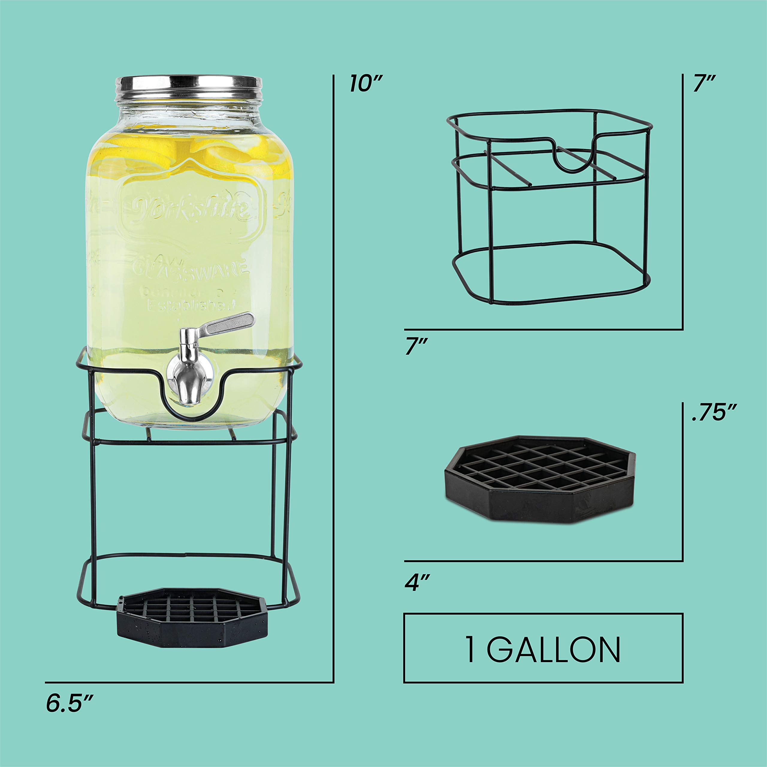 1 Gallon Glass Beverage Dispenser with Stainless Steel Spigot & Metal Stand - Large Mason Jar Drink Dispenser for Parties, Weddings, BBQs, Sun Tea, Iced Tea, Kombucha - Perfect for Outdoor Events, Catering & Home Entertaining
