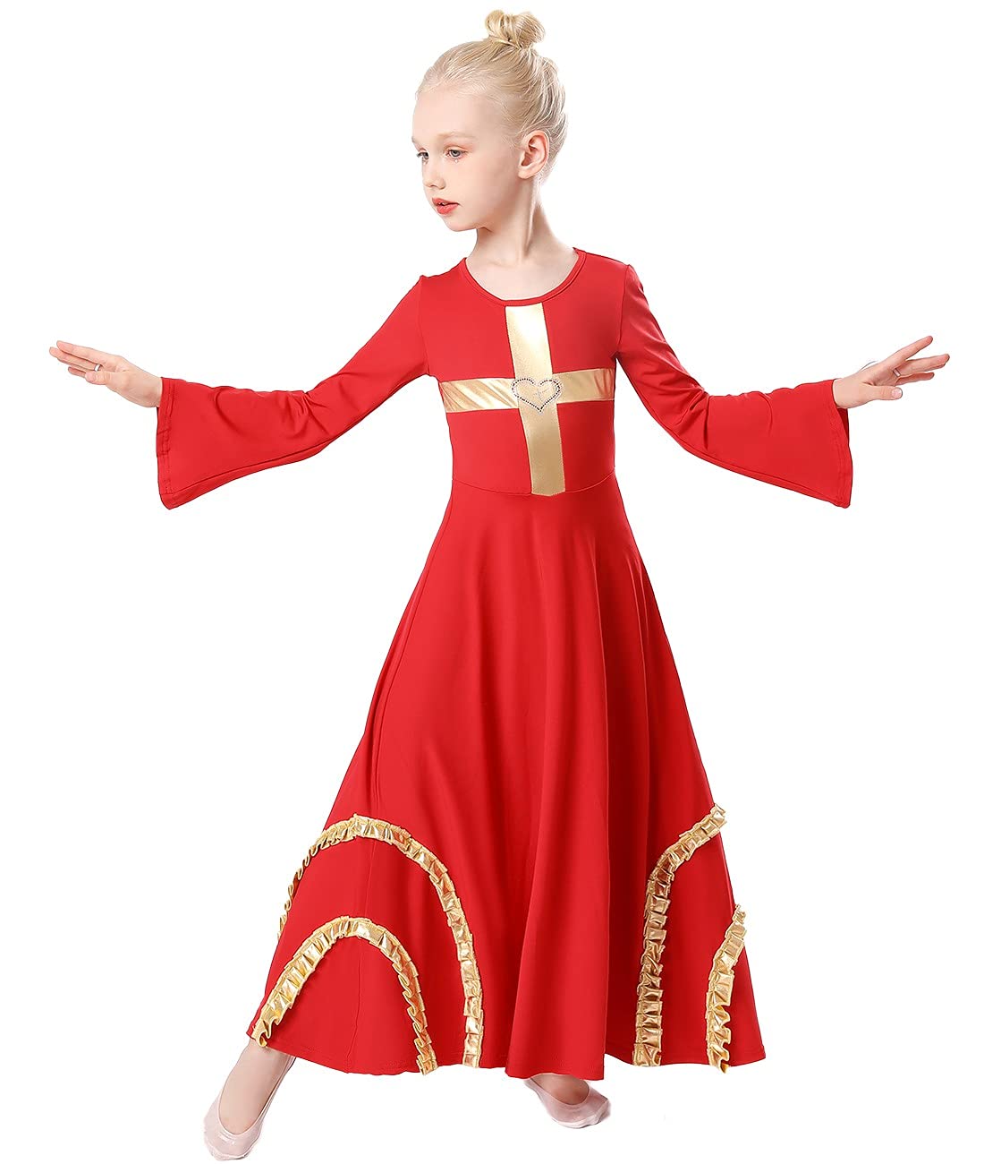 MYRISAM Girls Praise Cross Dance Robe Worship Dress - Bell Sleeve Metallic Ruffles Lyrical Liturgical Wide Swing Praisewear for Church Performances, Choir Concerts & Easter Celebrations