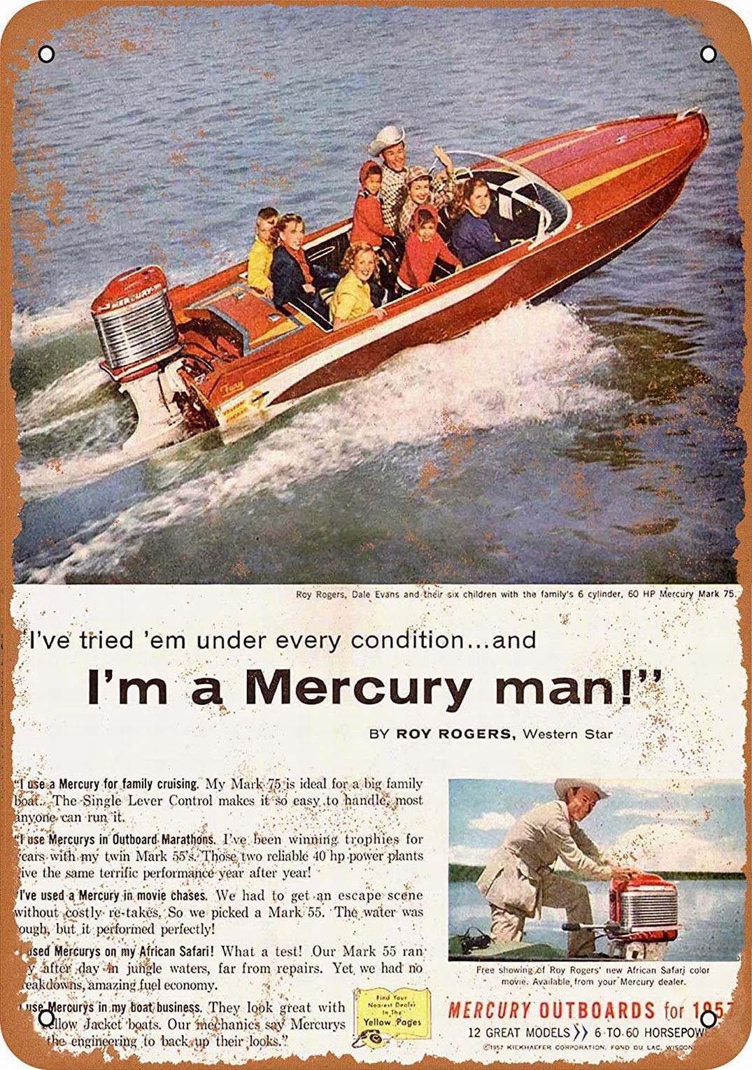 Vintage 1957 Mercury Outboard Boat Motors Metal Sign - 12x16 Inch Retro Wall Decor for Home, Garage & Man Cave - Perfect for Nautical & Boat Lover's Gift