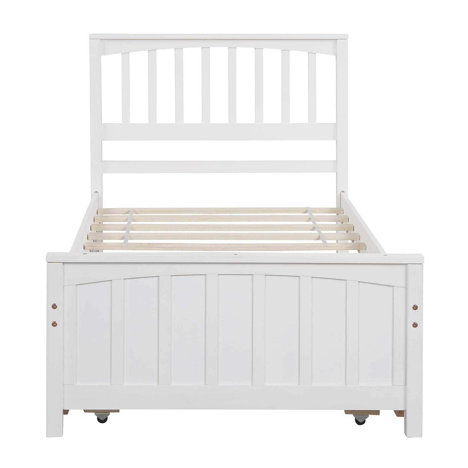 P PURLOVE Twin Size Wood Platform Bed Frame with Trundle - No Box Spring Needed, White - Perfect for Kids' Rooms, Guest Bedrooms & Small Spaces