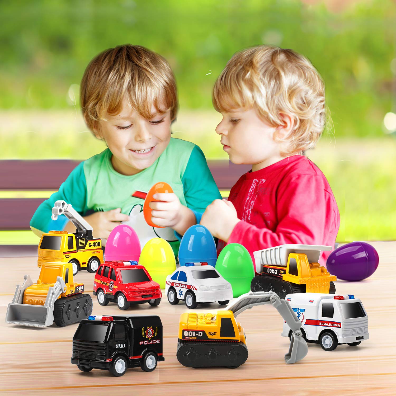 12 Pack Filled Easter Eggs with Alloy Pull Back Cars - Easter Basket Stuffers & Party Favors for Kids - Fun Easter Egg Hunt Toys & Gift Ideas for Boys Girls Toddlers