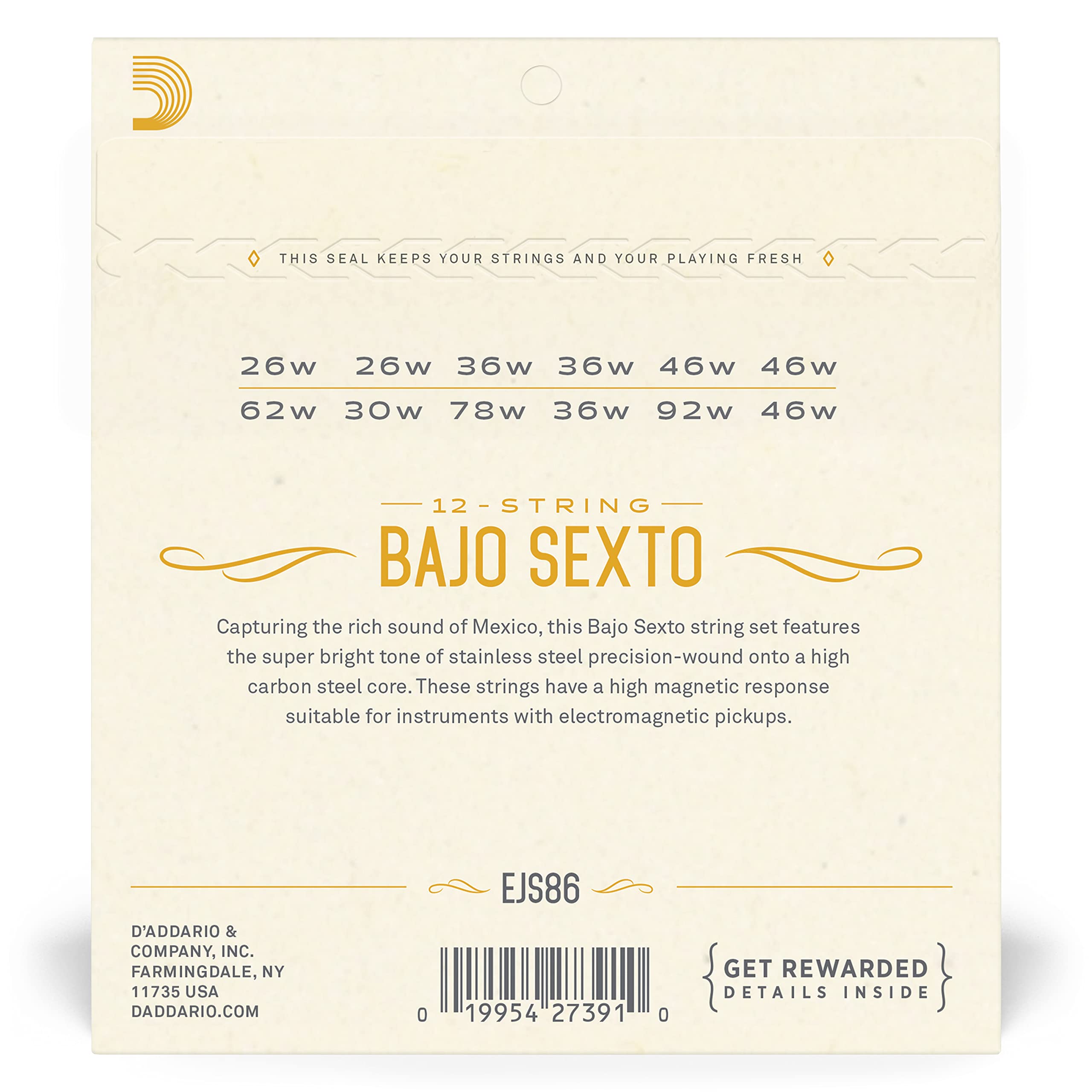 D'Addario EJS86 Bajo Sexto Stainless Steel Guitar Strings - Premium Strings for Mexican Folk & Mariachi Music - Perfect for Live Performances & Studio Recording