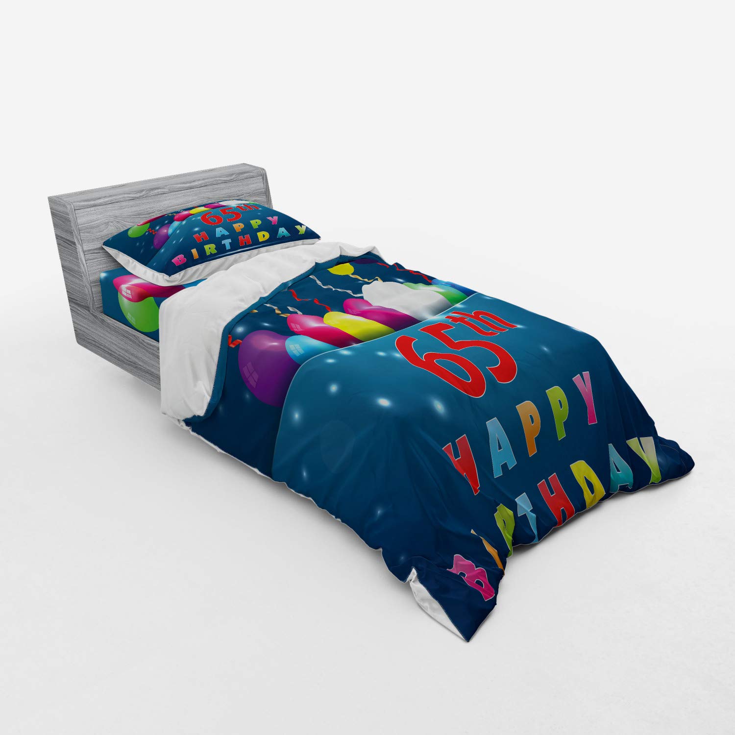 Ambesonne 65th Birthday Duvet Cover Set - Colorful Balloon Design 3-Piece Bedding with Sham & Fitted Sheet for Twin XL - Perfect Gift for 65th Birthday Celebrations & Special Occasions
