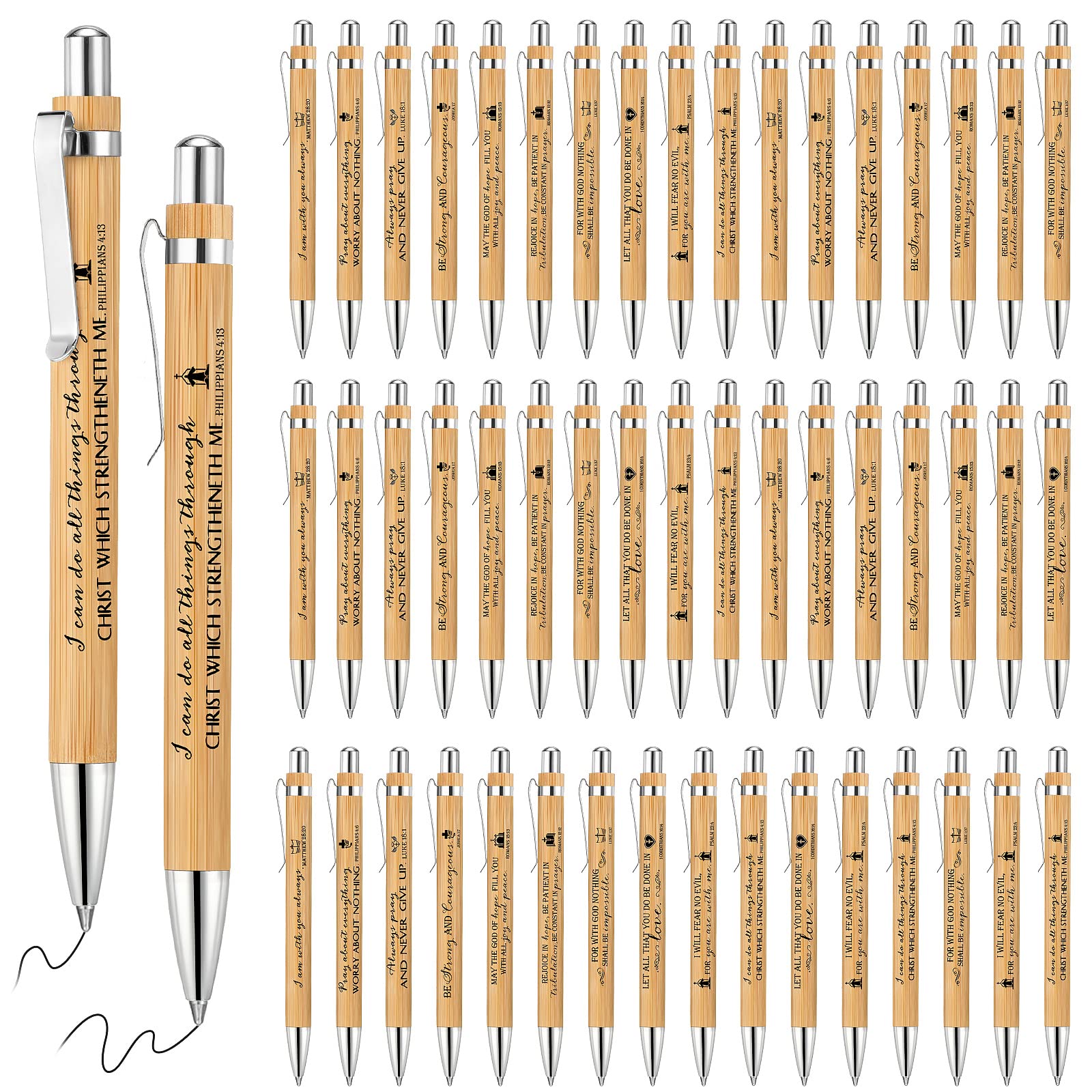 30 Pcs Bible Verse Bamboo Pens - Inspirational Christian Wooden Retractable Ballpoint Pens with Motivational Quotes - Bulk Office School Supplies for Women & Men - Perfect for Employee Gifts, Church Events & Daily Writing