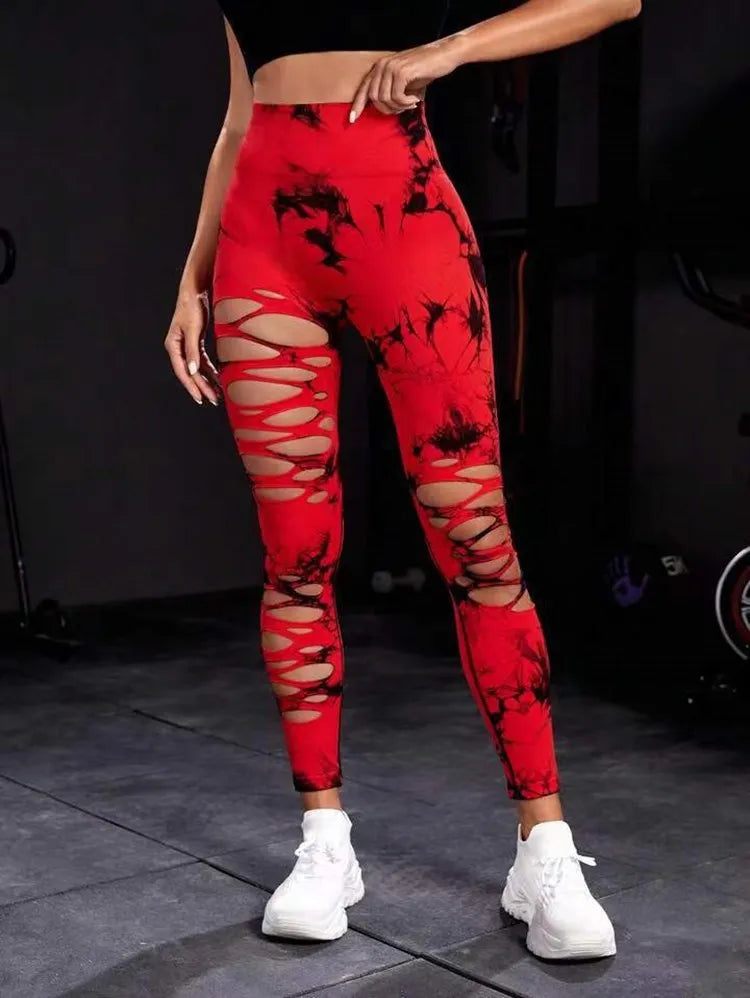 Women's Tie-Dye Hollow Out Leggings - High Waisted Push Up Gym Tights for Running, Yoga & Fitness | Sexy Sports Pants for Workout & Activewear | Red Athletic Leggings