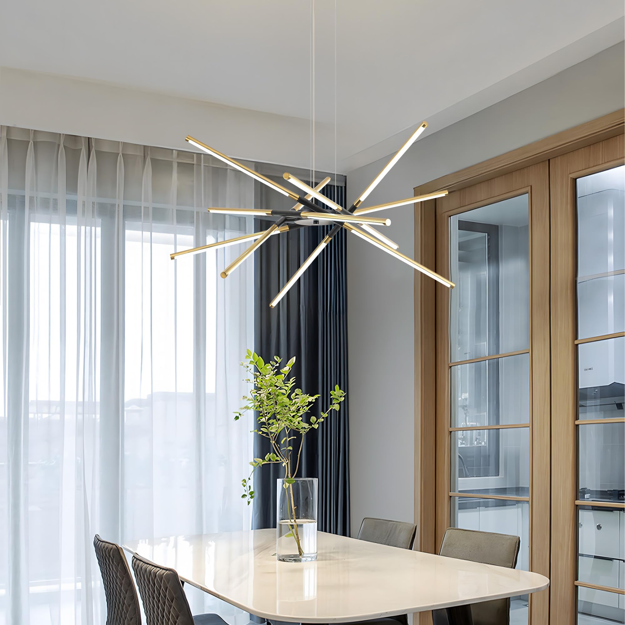 36in Modern LED Chandelier 12 Heads, 48W Dimmable Hanging Ceiling Light in Black and Gold - Adjustable Length for Kitchen Island, Dining Room, Bedroom, Living Room - Perfect for Modern Home Decor, Wedding Lighting, and Restaurant Ambiance