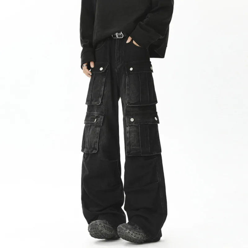 American Style Men's Black Denim Pants - High Street Multi-Pocket Workwear, Loose Straight Leg Trendy Jeans (9C9262) | Perfect for Casual Wear, Work & Street Fashion