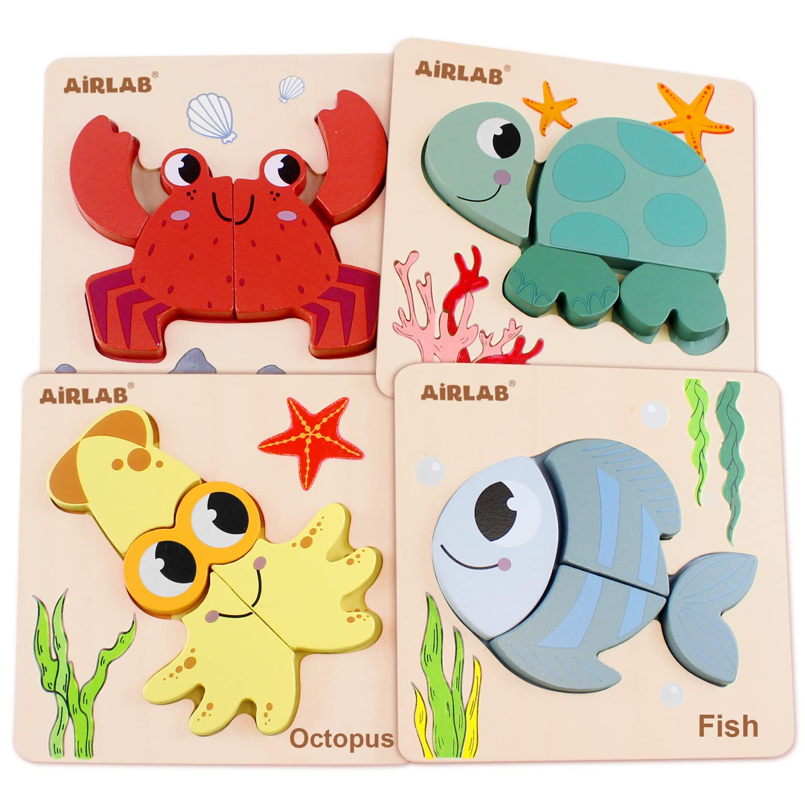 Montessori Wooden Ocean Animal Puzzles for Toddlers 1-3 Years - Educational Learning Toys for Baby Boys & Girls - Bright Colors, Chunky Shapes, Pack of 4 - Perfect for Early Childhood Development & Birthday Gifts