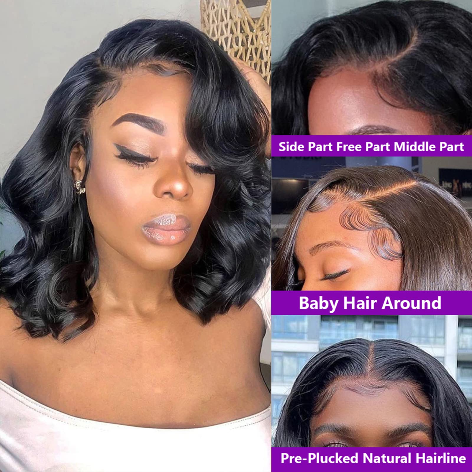 13x6 Body Wave Short Bob Wig - 150% Density Glueless Lace Front Human Hair Wig | Pre-Plucked Bleached Knots, Remy Brazilian Hair for Black Women | Perfect for Daily Wear, Parties & Special Events