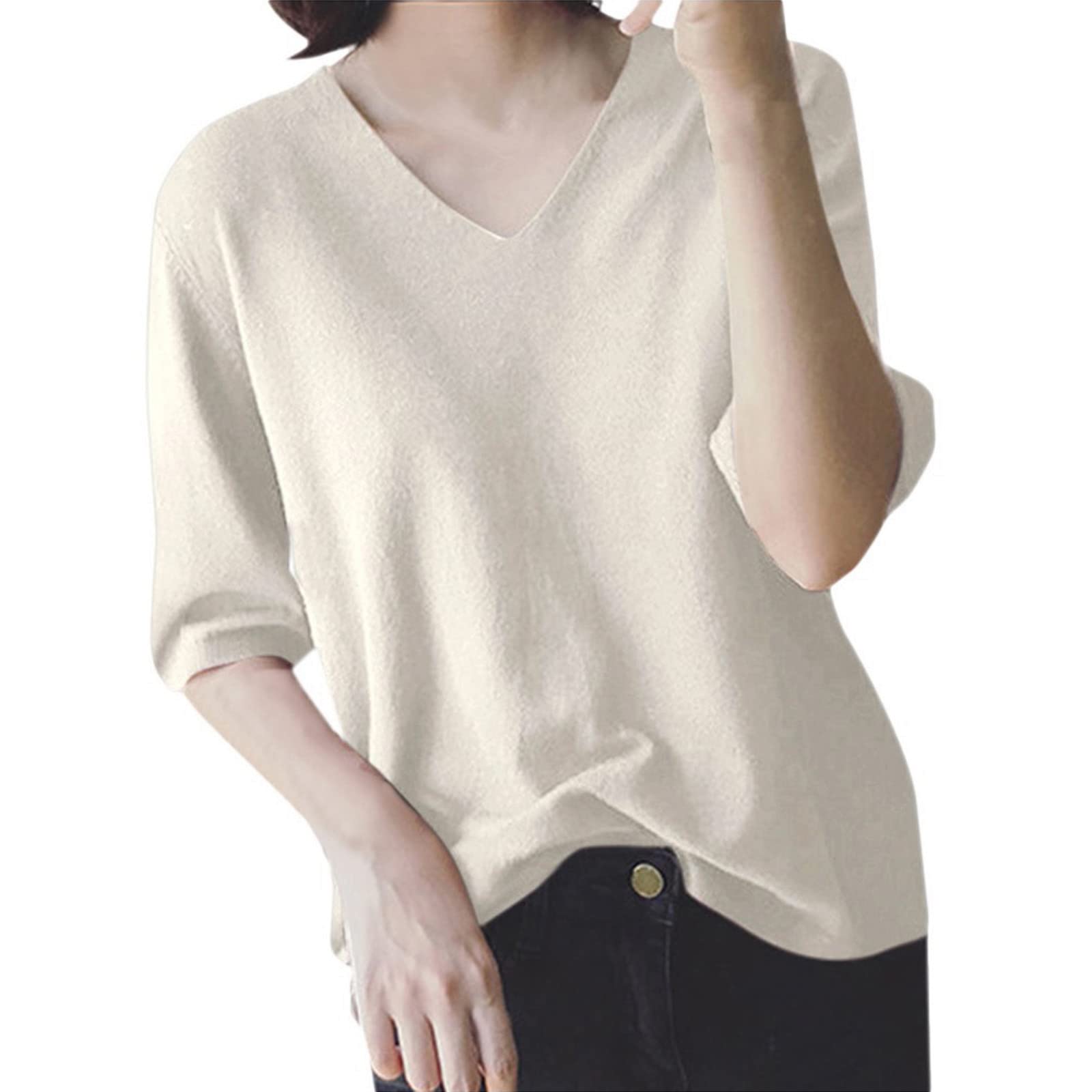 Women's Lightweight V-Neck Knit Sweater - Soft Short Sleeve Pullover Top for Spring - Casual Turtle Neck Tee in White | Perfect for Office Wear, Date Nights & Weekend Outfits