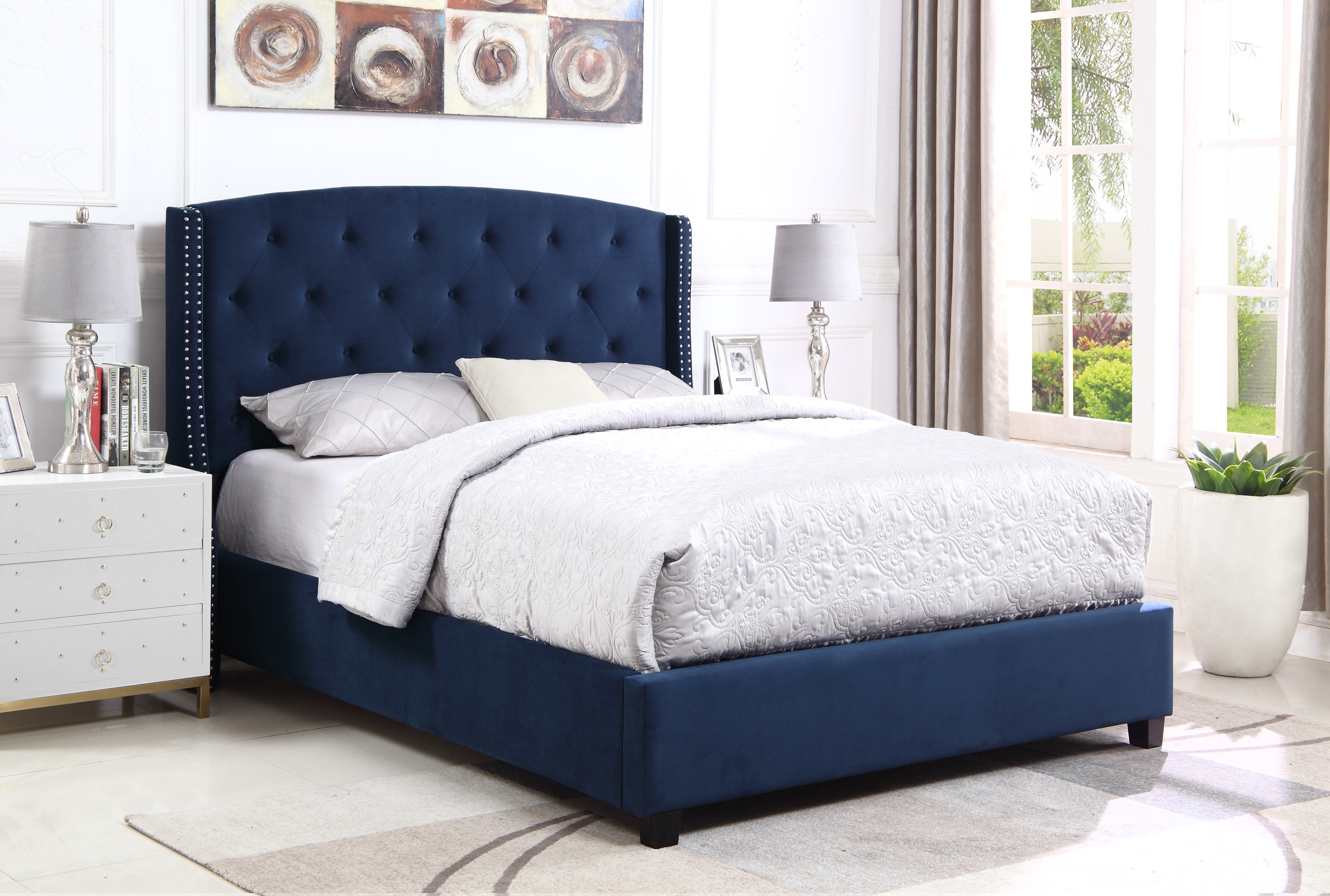 Roundhill Furniture Summit Wingback Tufted Velvet Upholstered Queen Bed in Royal Blue - Luxurious Bedroom Centerpiece for Master Suite or Guest Room