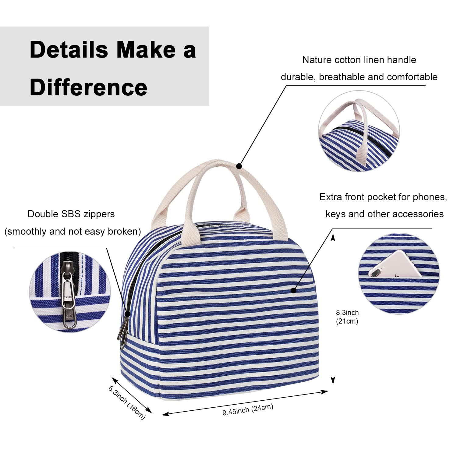 EurCross Insulated Lunch Bag for Women & Men - Blue & White Stripes Cooler Tote, Thermal Bento Box Bag for Work, Picnic, Beach & Outdoor Activities | Portable Canvas Lunch Tote with Temperature Control