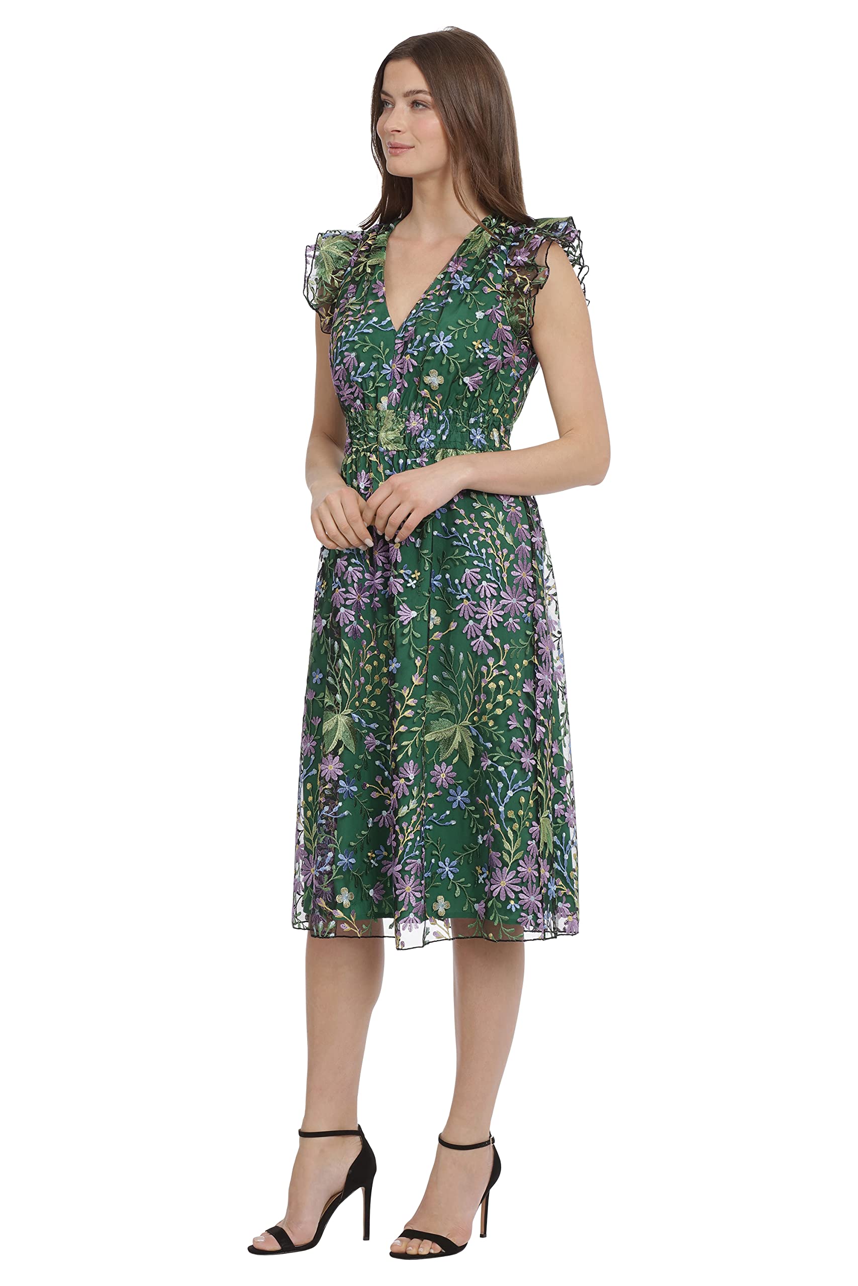 Maggy London Women's Floral Embroidered V-Neck Dress - Colorful Garden Print Party Gown for Wedding Guest, Cocktail Event & Special Occasions