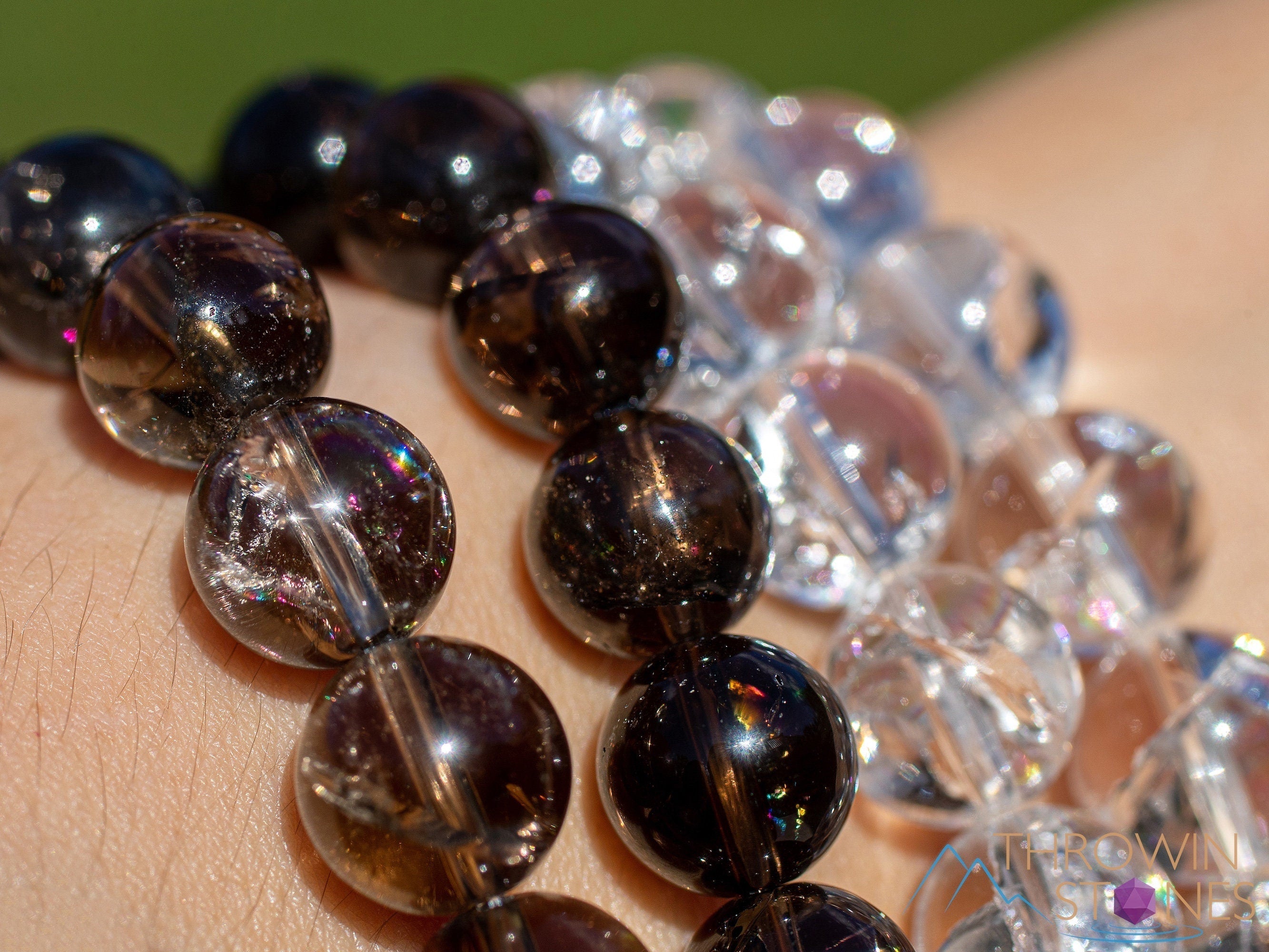 Clear or Smoky Quartz Crystal Bracelet with Rainbow Flash - Round Bead Healing Jewelry for Women | Handmade Beaded Bracelet for Meditation, Chakra Balancing & Positive Energy (E1935)