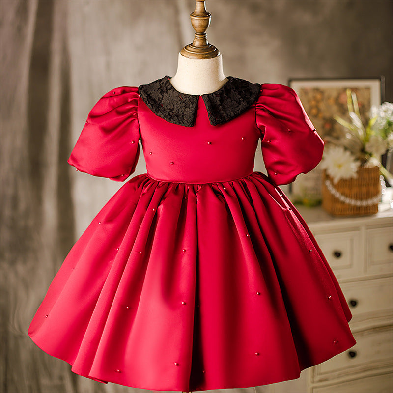 Baby Girl Birthday Party Dress - Red Puff Sleeve Doll Collar Communion Dress for Toddlers | Perfect for Special Occasions, Christenings & Photoshoots