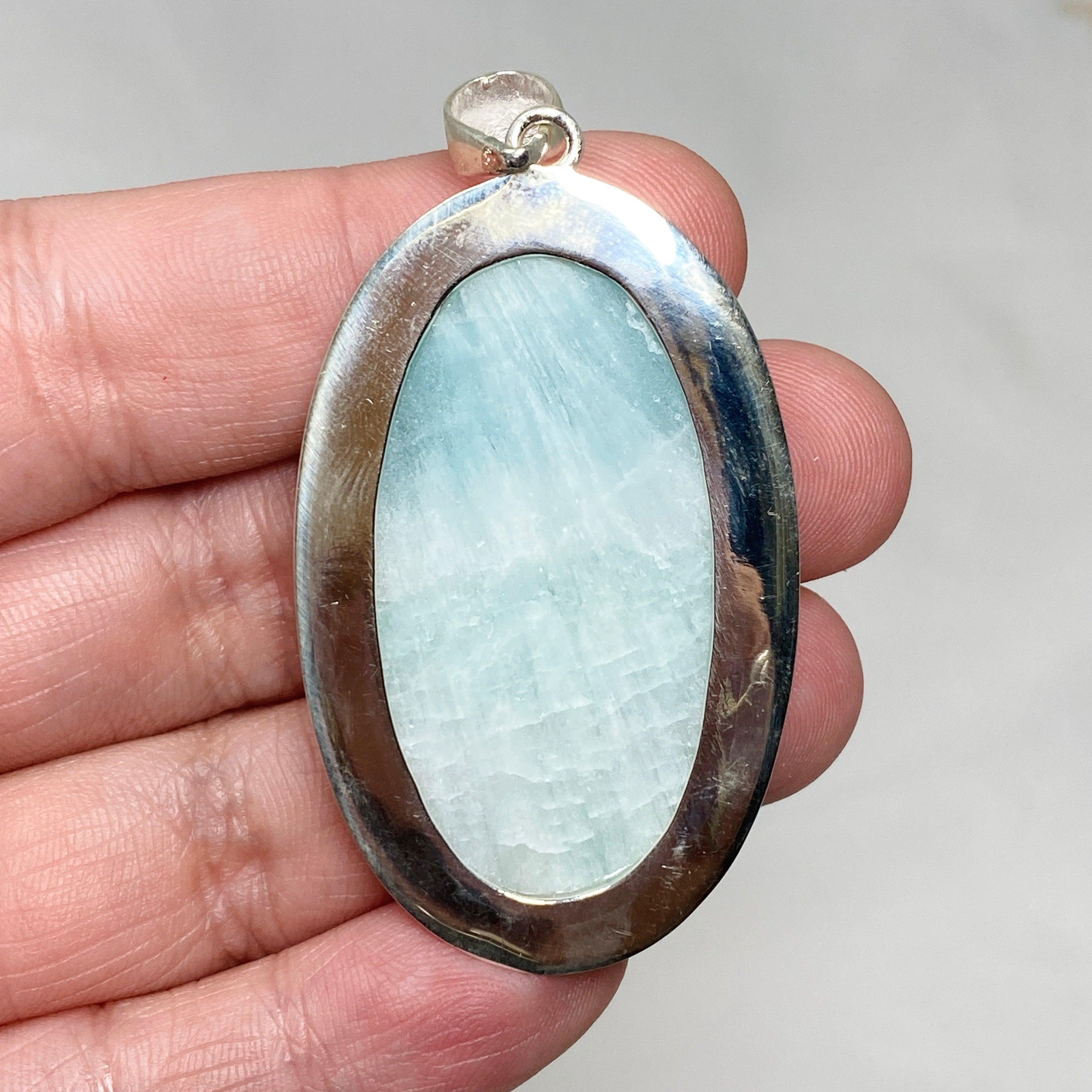 Blue Aragonite Oval Pendant Necklace - Handcrafted Hammered Sterling Silver Setting KPGJ4467 | Spiritual Jewelry for Meditation & Energy Healing